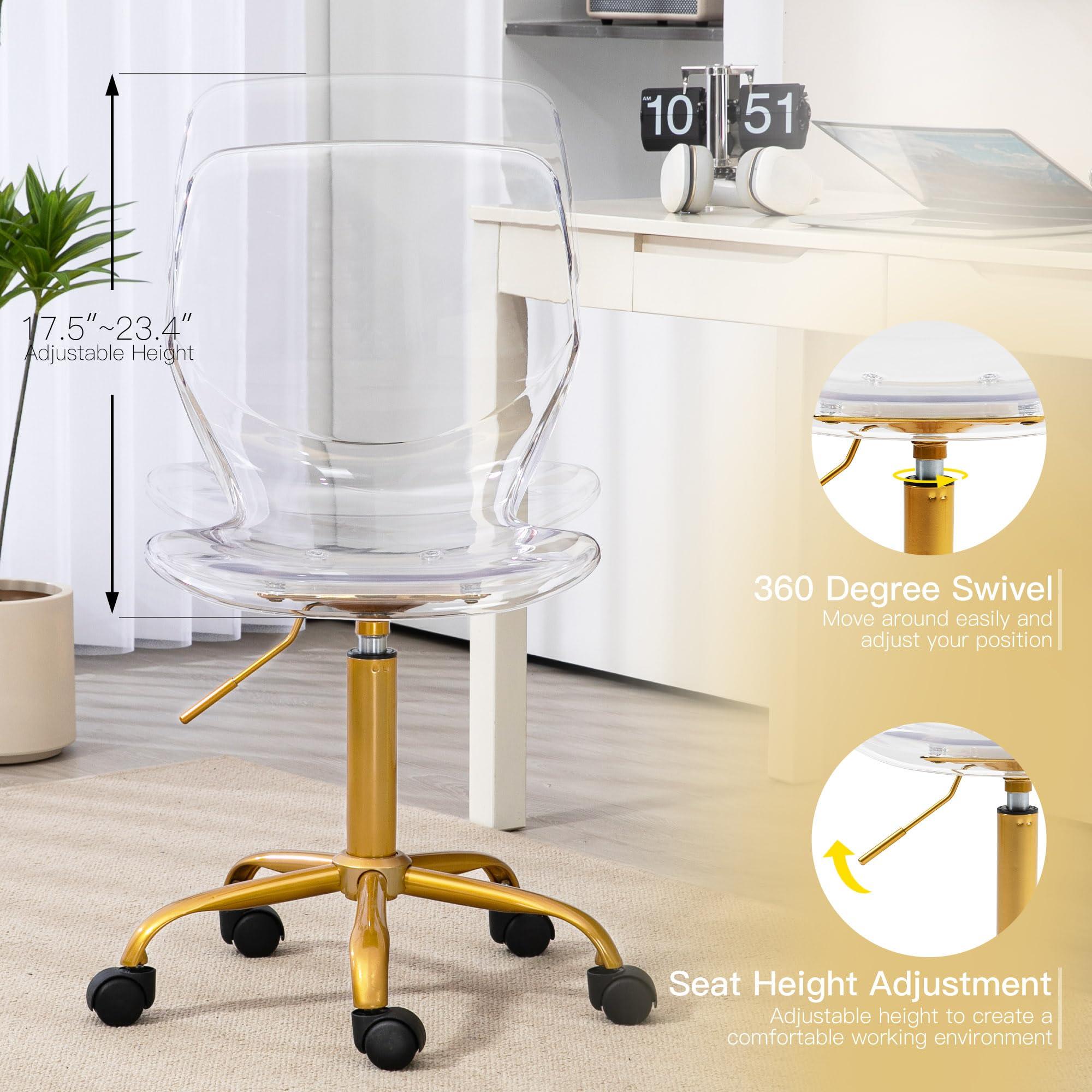 Villeston Villeston Acrylic Clear Desk Chair, Modern Small Cute Armless Vanity Rolling Plastic Chair Home Office Lucite Ghost Curved Chairs Padded with Golden Legs and Adjustable Height, Gold