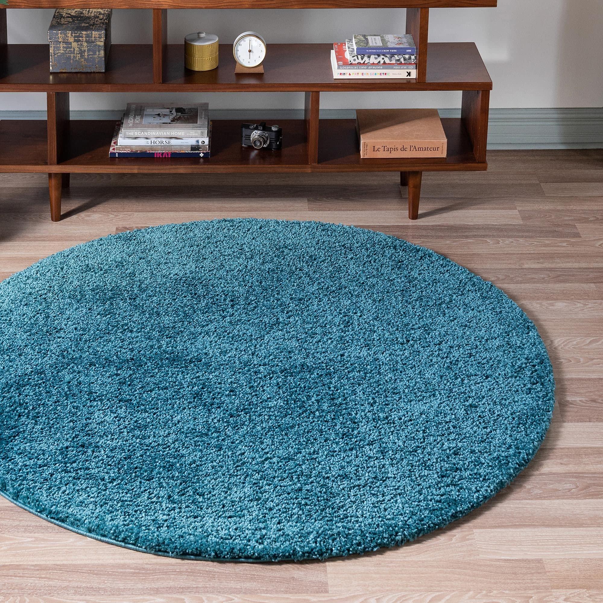 Rugs.com Rugs.com Soft Solid Shag Collection Round Rug 8 Ft Round Turquoise Shag Rug Perfect for Kitchens, Dining Rooms