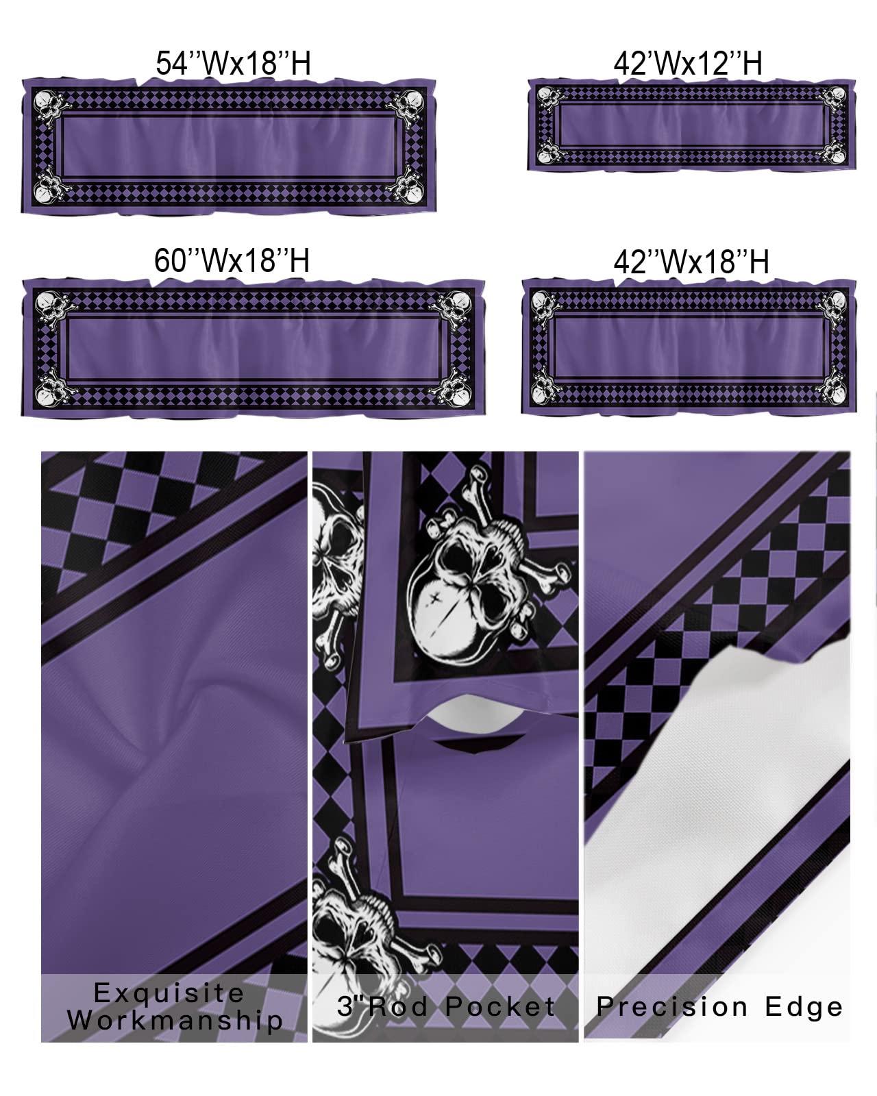 Chucoco Valances Curtain for Kitchen Cafe,Scary Halloween Black Diamond Plaid Horror Skull Window Valance 1 Panel Short Curtains 42x18In Rod Pocket Windows Treatment Drape for Living Room Bedroom Purple