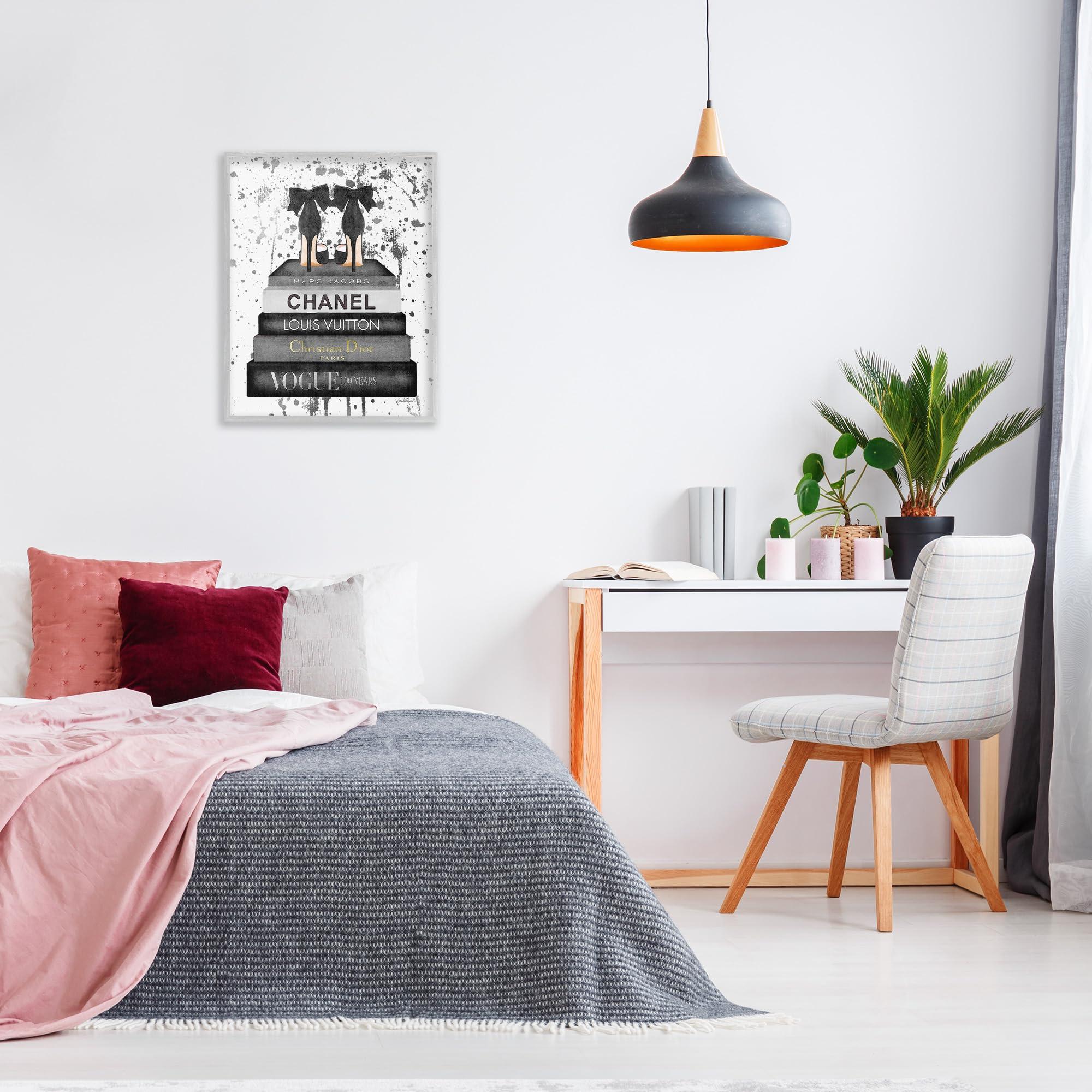 Stupell Industries Stupell Industries Glam Fashion Book Stack Grey Bow Pump Heels Ink, Design by Amanda Greenwood Gray Framed Wall Art, 24 x 30, Black
