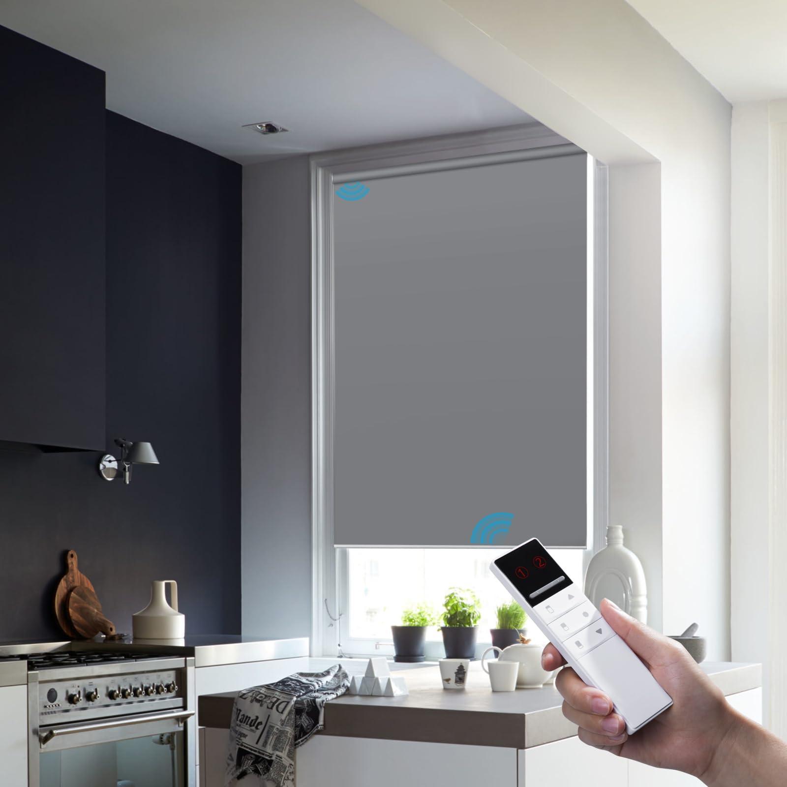 ZSTARR Motorized Blackout Window Blinds Customize Width (21-92 in) Remote Control Wireless and Rechargeable Roller Shades Blinds for Windows, Home, Office, Living Room, Master Room, Restaurant (Light Grey)