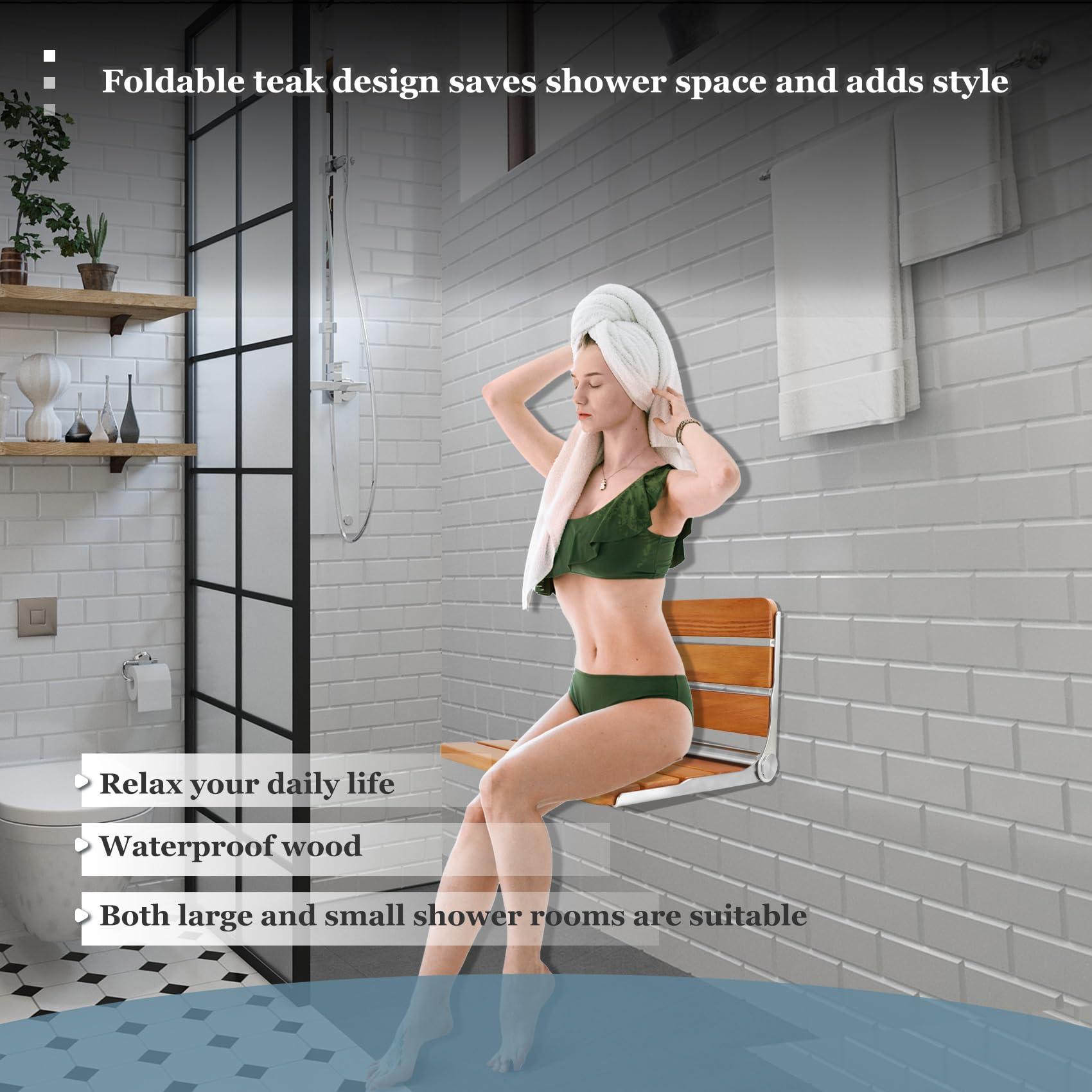 Flngr Folding Teak Shower Seat Wall Mounted,Fold Down Shower Seat,Foldable Shower Bench,Home Care Teak Shower Seat Bench for Inside Shower,Folding Shower Seat Bench,Wall Mount Shower Seat for Christmas