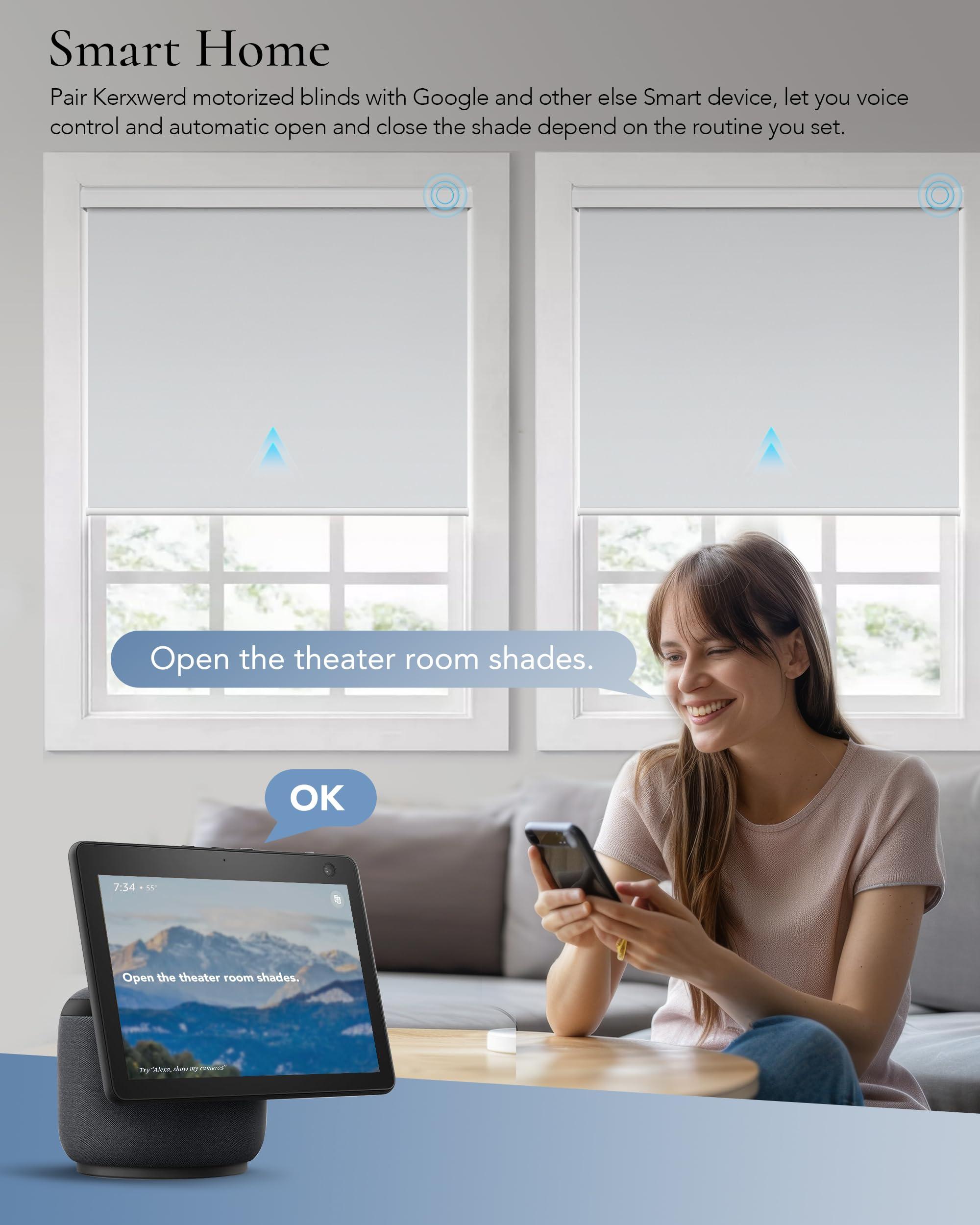 Kerxwerd Motorized Blinds with Remote, Kerxwerd Blackout Motorized Roller Shades Compatible with Alexa Google via Hub, Electric Shades for Window Customized, Vinyl Light Grey