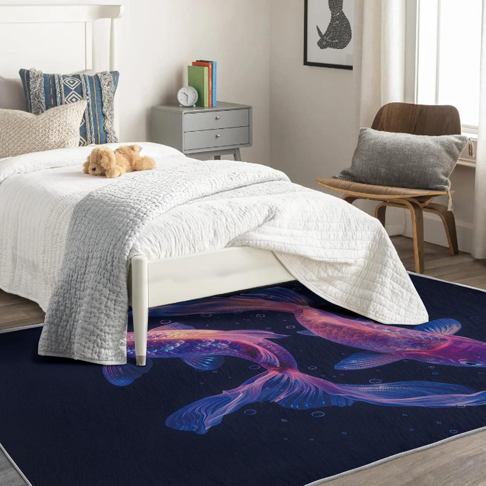 TANTANICAL TANTANICAL Koi Fish Rug 4x4, Koi Carp Rugs for Bedroom Living Room Decor, Koi Area Rug, Washable Non Slip Stain Resistant Home Indoor Square Carpet