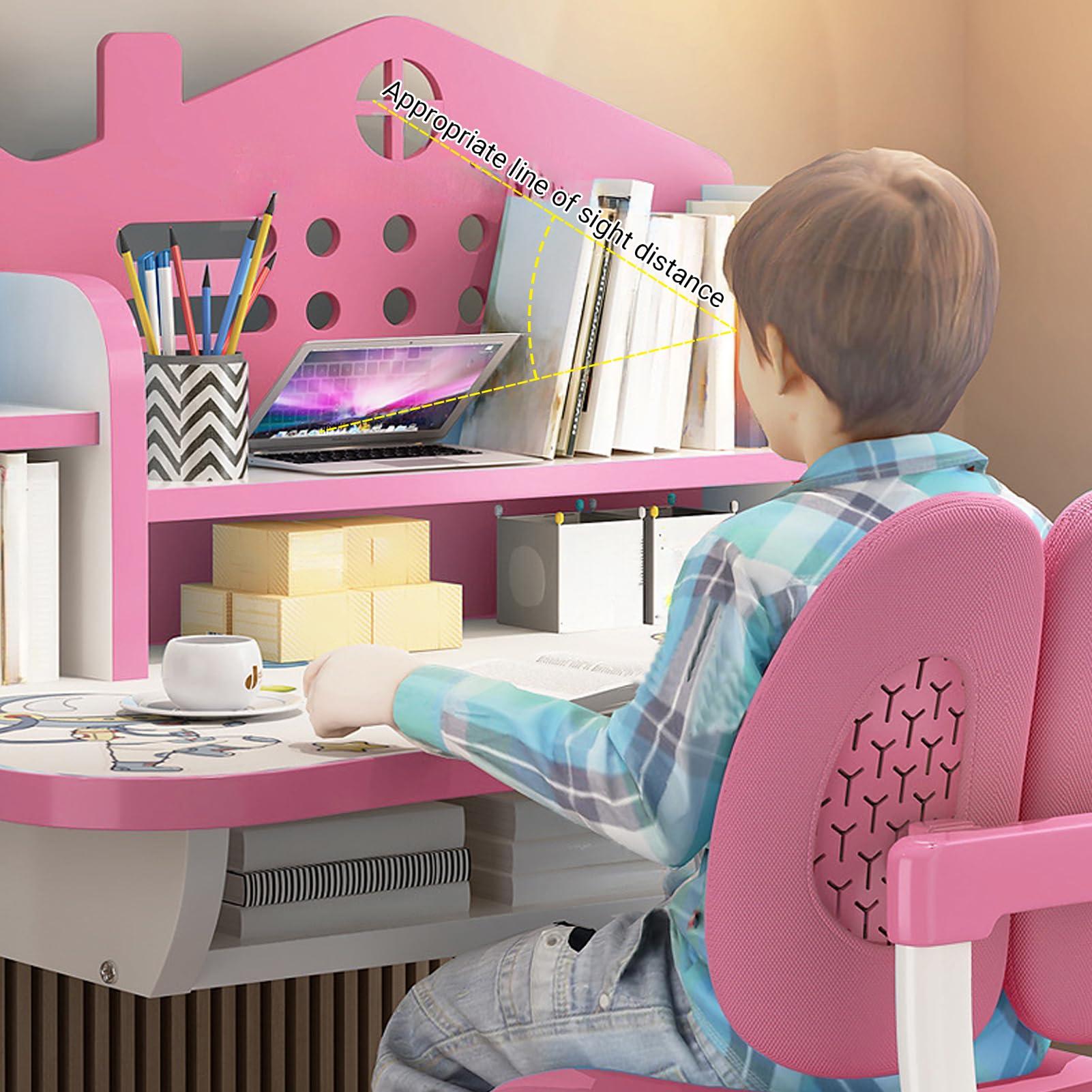 HEVIRGO Children Learning Desk and Chair Set Pink Desk Set Height Adjustable with Drawers and Storage Compartments Curved Desktop Cartoon Learning Desks and Chairs Reading/Learning/Writing for Girls (Pink)