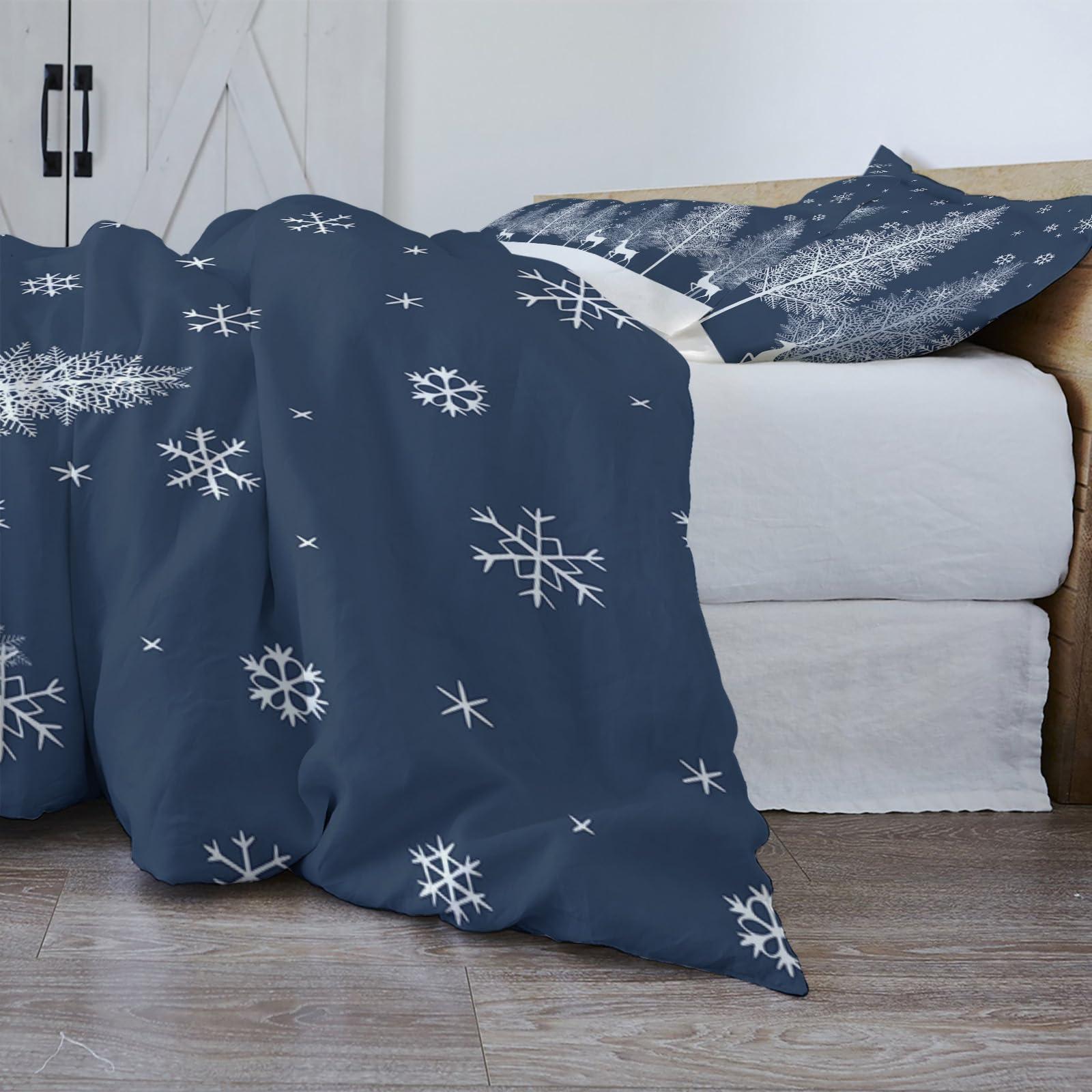 Debedcor Blue Christmas Tree Duvet Cover Queen Size, Xmas Elk Winter Snowflake Comforter Cover with Zipper Closure, 3 Piece Bedding Sets 1 Duvet Cover 90x92 Inches and 2 Pillow Shams