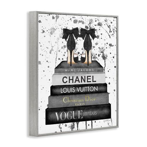 Stupell Industries Stupell Industries Glam Fashion Book Stack Grey Bow Pump Heels Ink, Design by Amanda Greenwood Gray Framed Wall Art, 24 x 30, Black