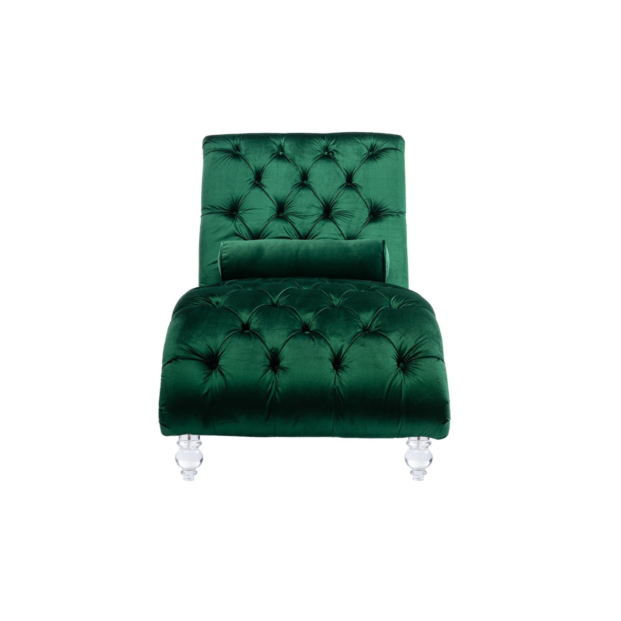 KT Rolster KT Rolster Chaise Lounge Chair Indoor, Small Chaise Lounge, Upholstered Chaise Lounge Chair, Mid Century Modern Velvet Chaise Lounge Chair with Acrylic Legs and Lumbar Pillow for Bedroom Living Room