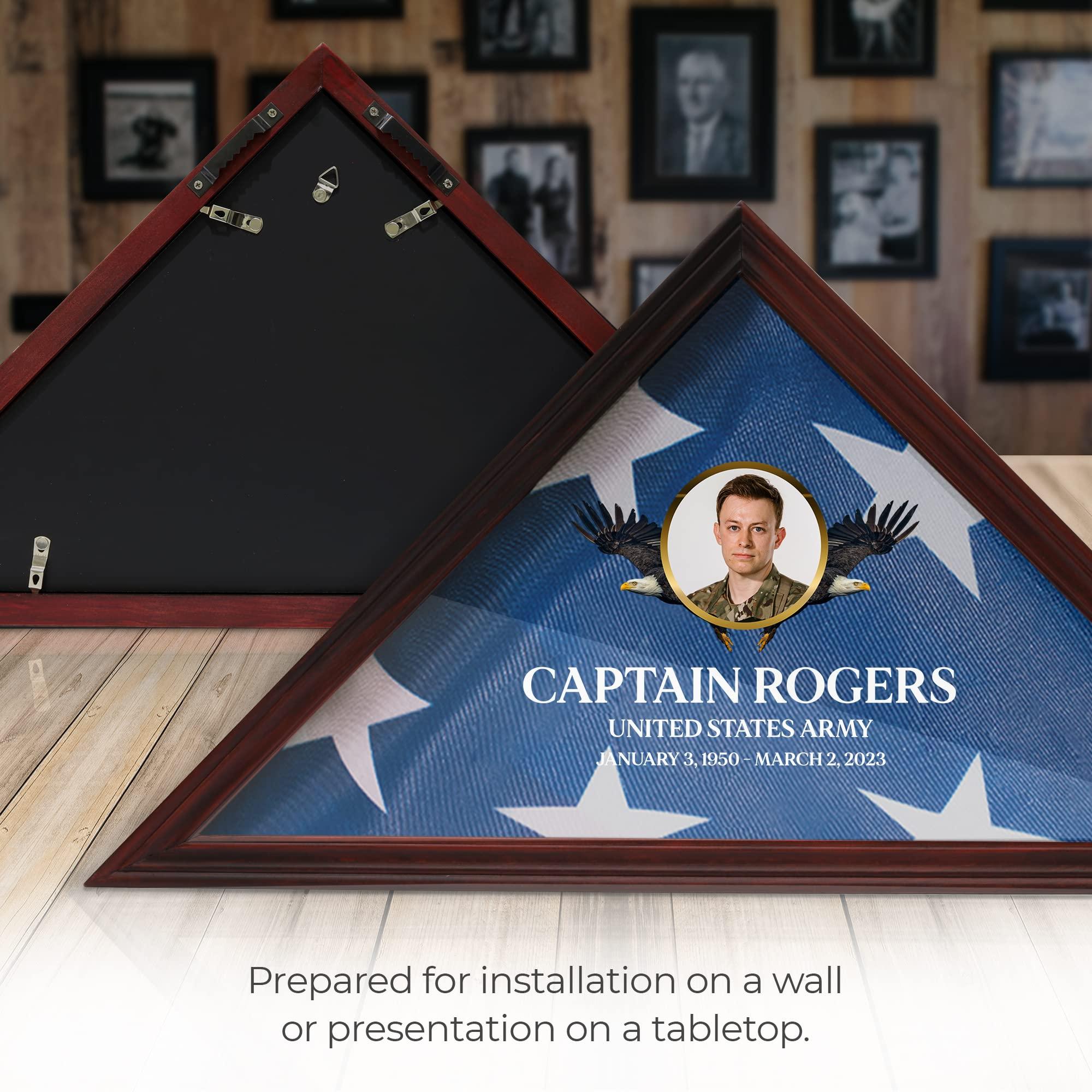 Basic Fundamentals Solid Wood Personalized Flag Box for American Veteran Flag, 9.5 X 5 Feet Full Color, UV Printed Display Case for Burial Flag, Flag Box Display Case with Glass Front for Folded Flag, Cherry (Design 5)