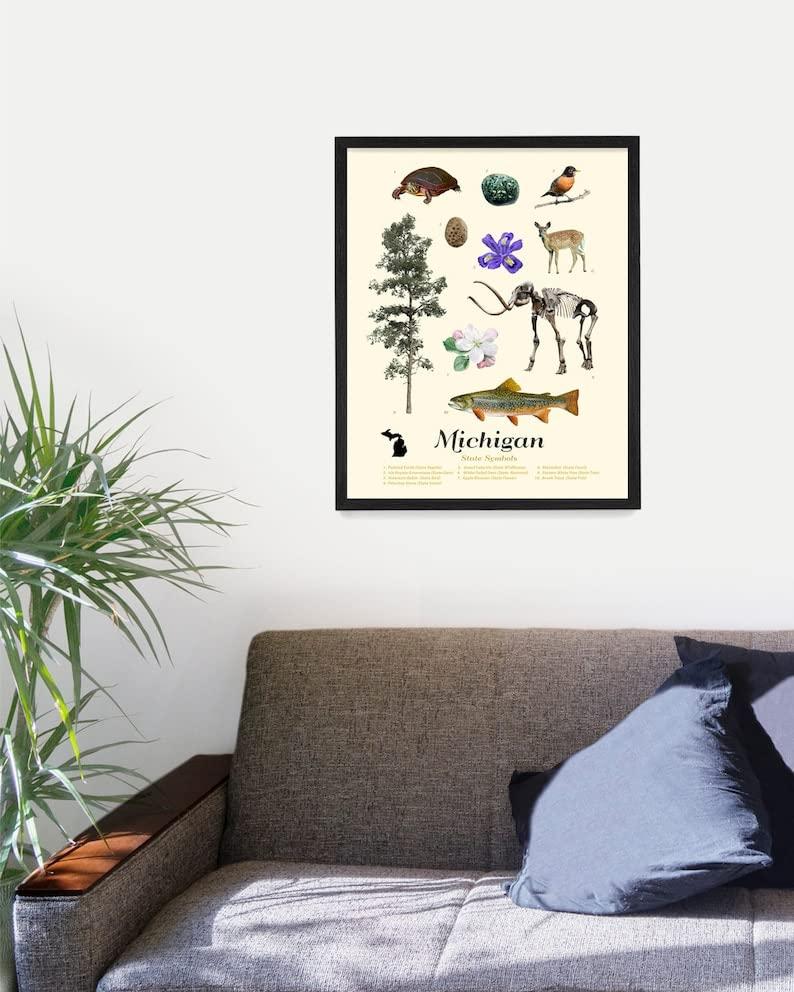 WUNDERKAMMER STUDIO WUNDERKAMMER STUDIO - Michigan State Symbols Poster Print - Michigan Wall Art - House Home Dcor - Housewarming Gift - 18 x 24 Framed Print