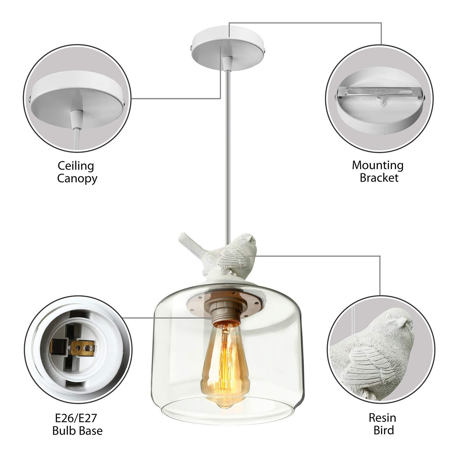 LITFAD LITFAD Contemporary Pendant Light 8\" Wide Ceiling Hanging Light White Resin Bird and Hand-Blown Clear Glass Shaded Pendant Lamp Adjustable Hanging Wire Chandelier in White