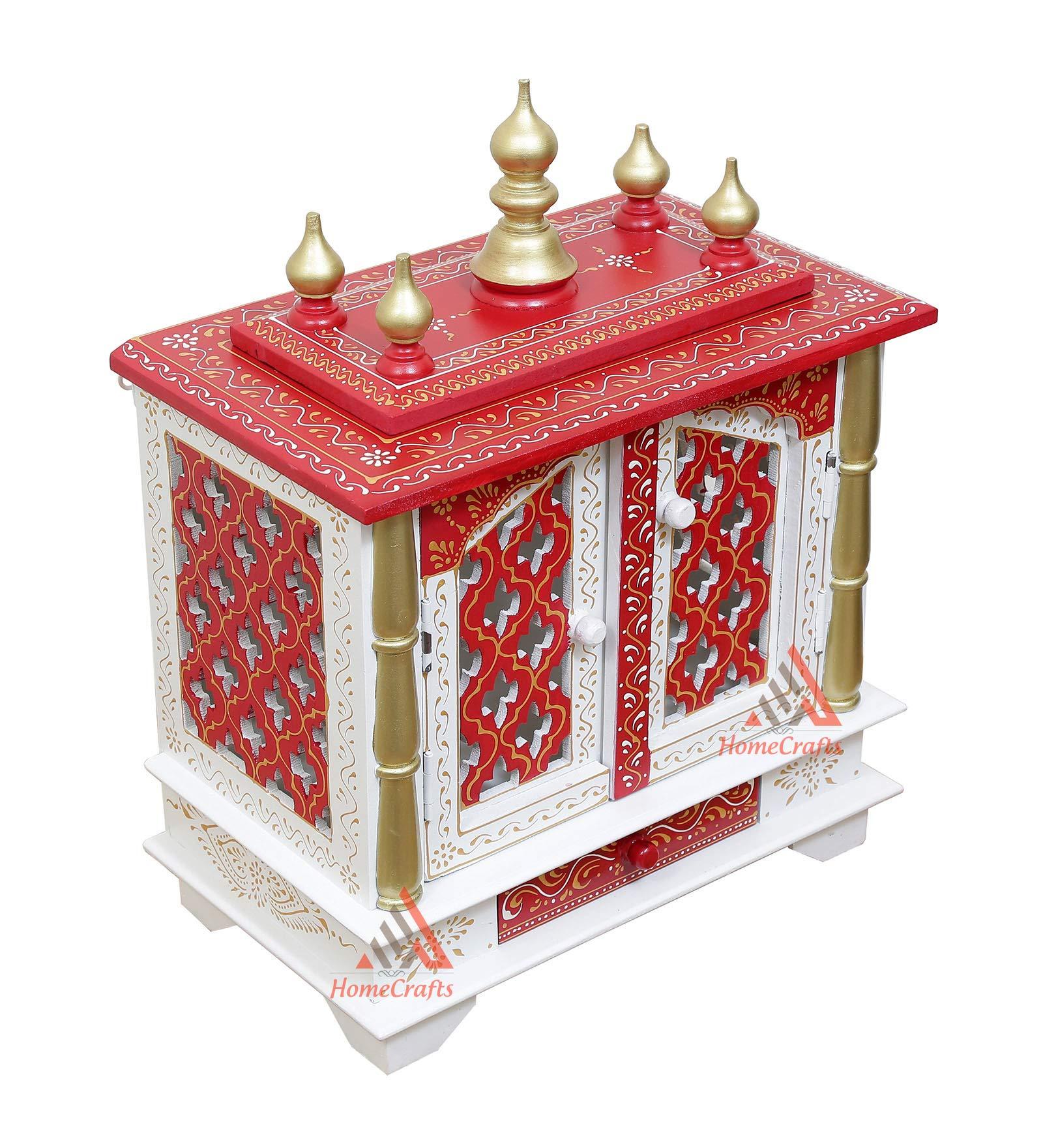 Homecrafts Handpainted Wooden Home Temple with Doors, Rajasthani Art (in Side Puja thali, Poja Books,God Pics.LED Lights nd More.
