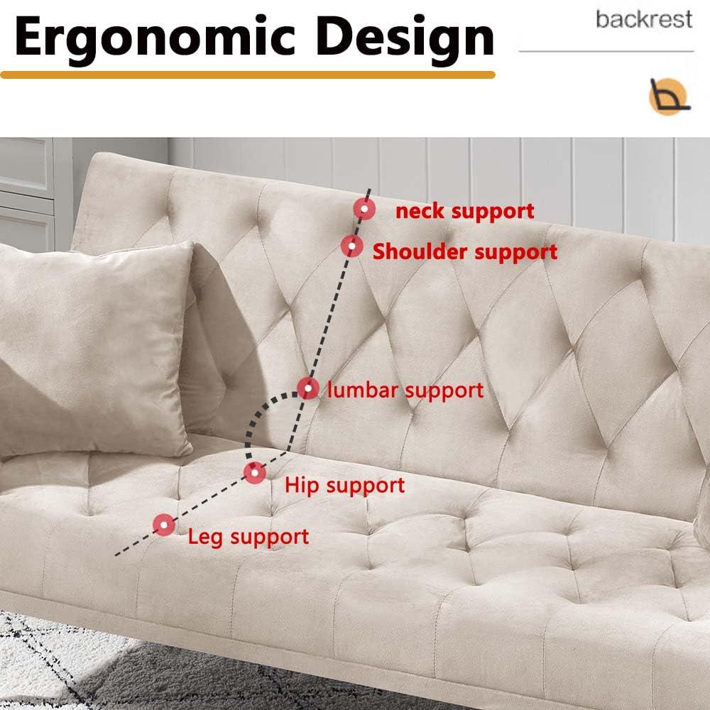 Majnesvon 71" Convertible Folding Sleeper Sofa Couch,Modern Velvet Loveseat Sleeper with 2 Pillows, Futon Sofa Bed with Mattress and Frame for Living Room,Bedroom,Small Space (Beige)