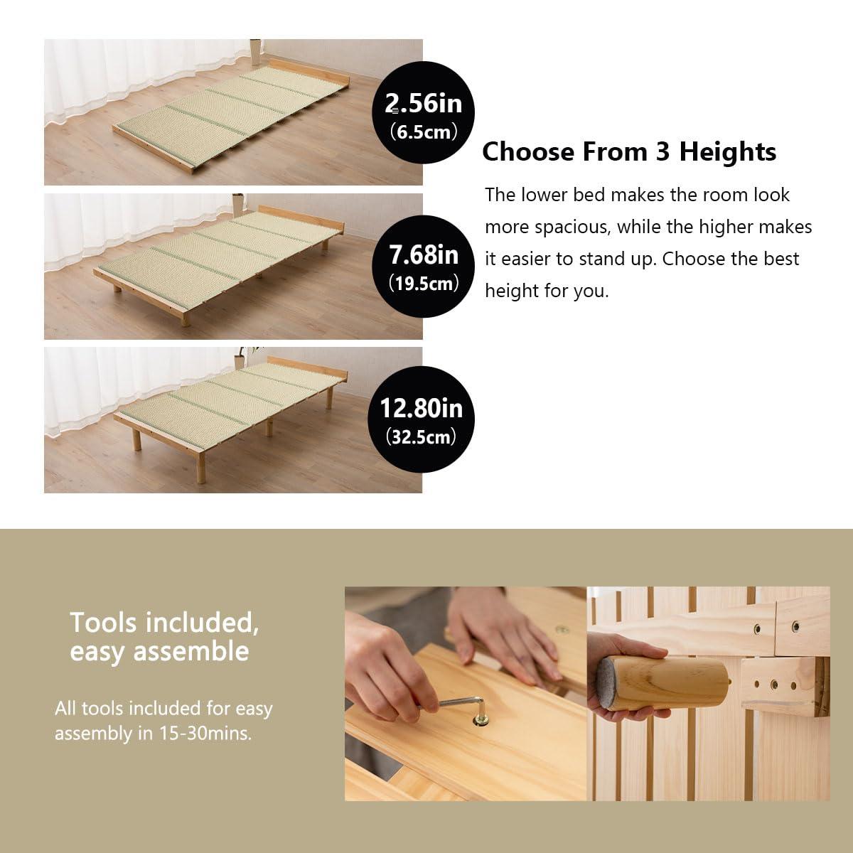 EMOOR EMOOR Wood Slatted & Tatami Floor Bed Frame OSMOS+Tatami Twin for Japanese Futon Mattress Solid Pine (Earth-Natural), Height Adjustable (2/7/12in) Tatami Mat
