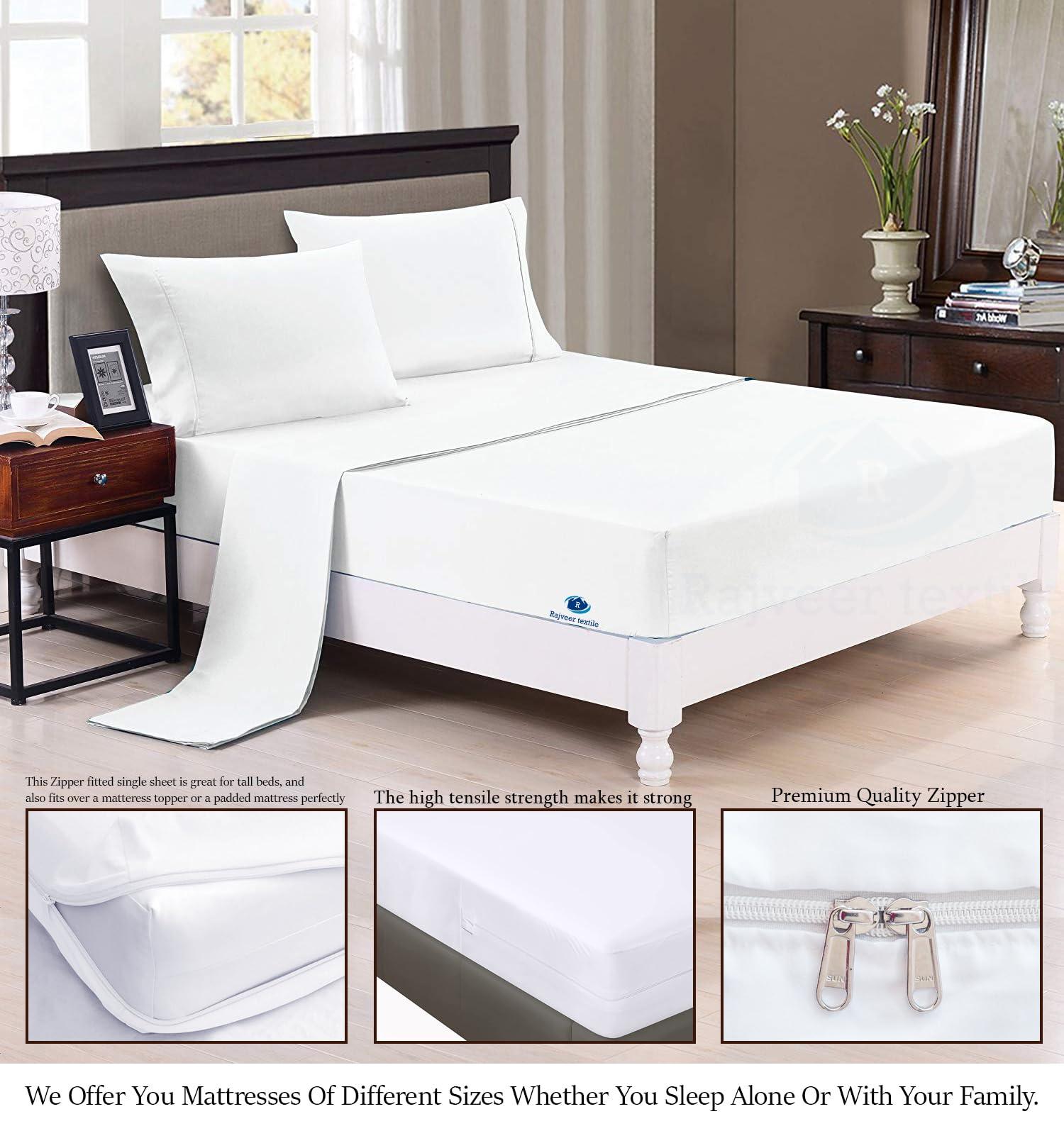 RAJVEER TEXTILE RAJVEER TEXTILE Queen Zipper Fitted Sheet 12\" Inch Deep Pocket - Hotel Quality Soft Microfiber Bottom Sheet- Shrinkage and Fade Resistant-Easy Care -1 Fitted Zipper Mattress Cover White Color