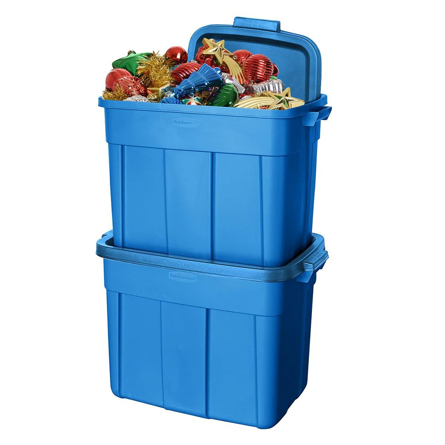 Rubbermaid Rubbermaid Roughneck Tote 25 Gal, 4 Pack, Made in USA, Herirage Blue, Rugged Plastic Stackable Storage Bins with Lids and Handles
