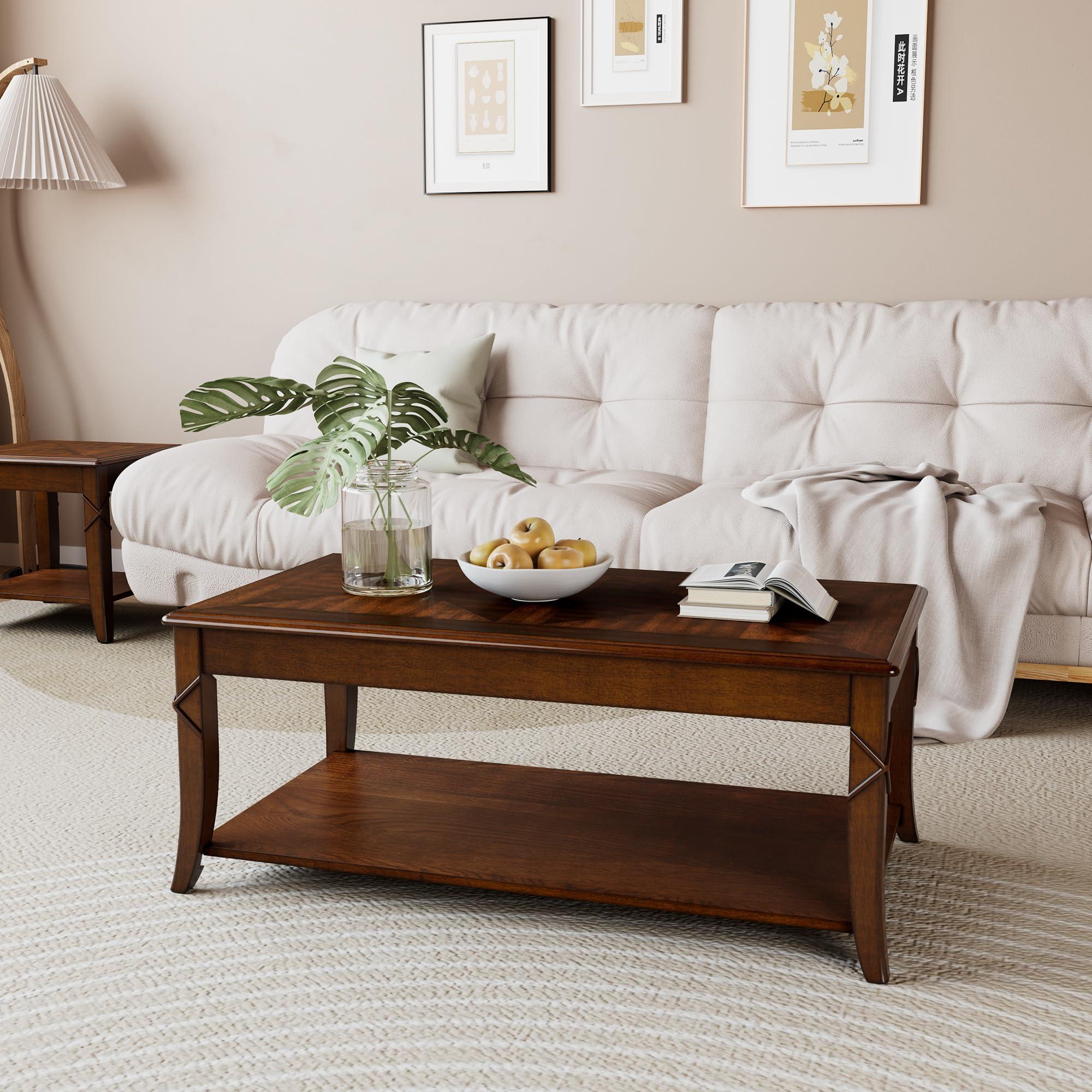 PADMA HOUSE PADMA HOUSE Solid Wood Coffee Table with Shelf, Vintage Rectangle Cocktail Table with Dual Hourglass Tabletop, Apartment Center Sofa Table with Curved Legs for Living Room, 43.3 * 23.6 * 17.7in
