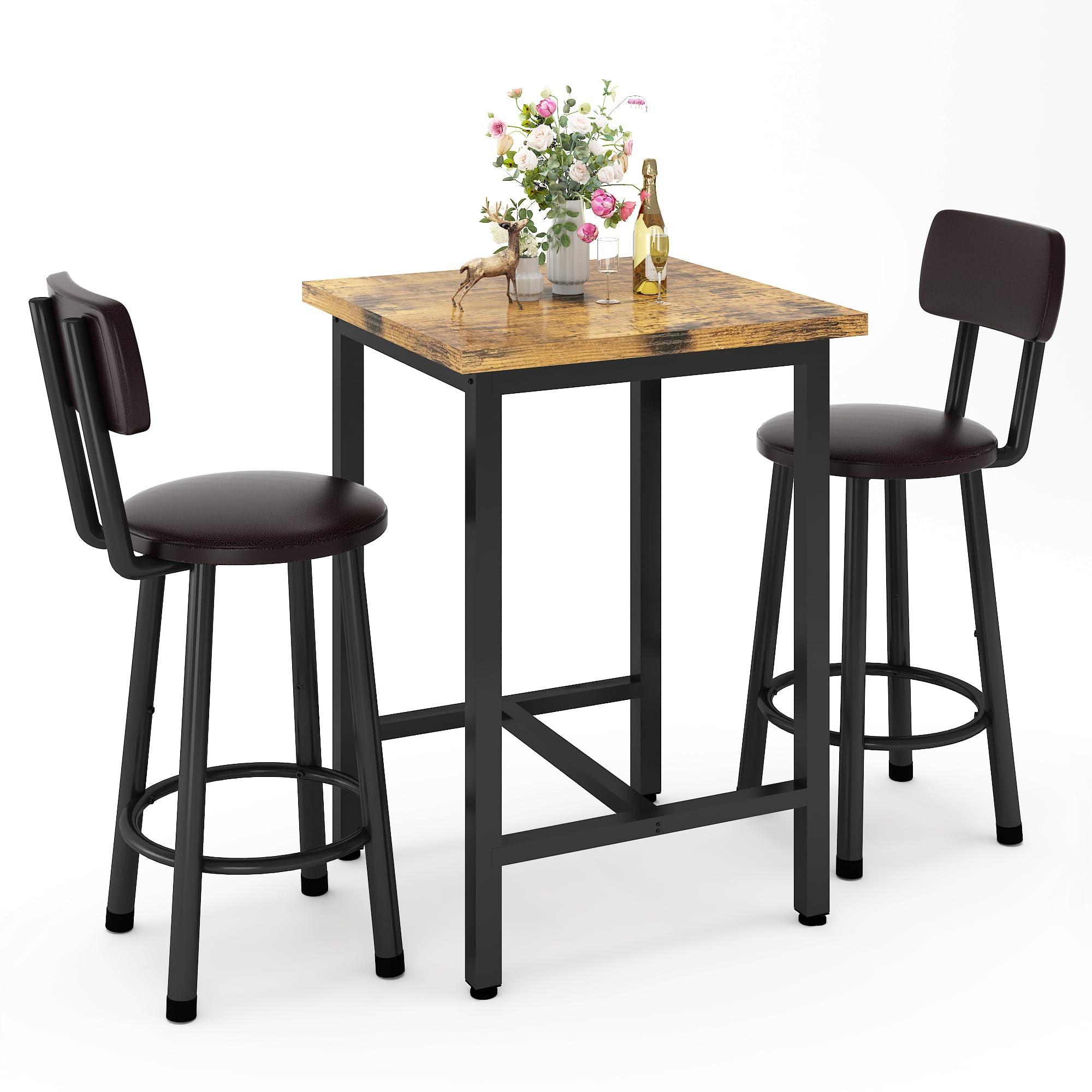 Recaceik Recaceik 3 Piece Pub Dining Set, Modern bar Table and Stools for 2 Kitchen Counter Height Wood Top Bistro Easy Assemble for Breakfast Nook Living Room Small Space Restaurant, Rustic Brown 24
