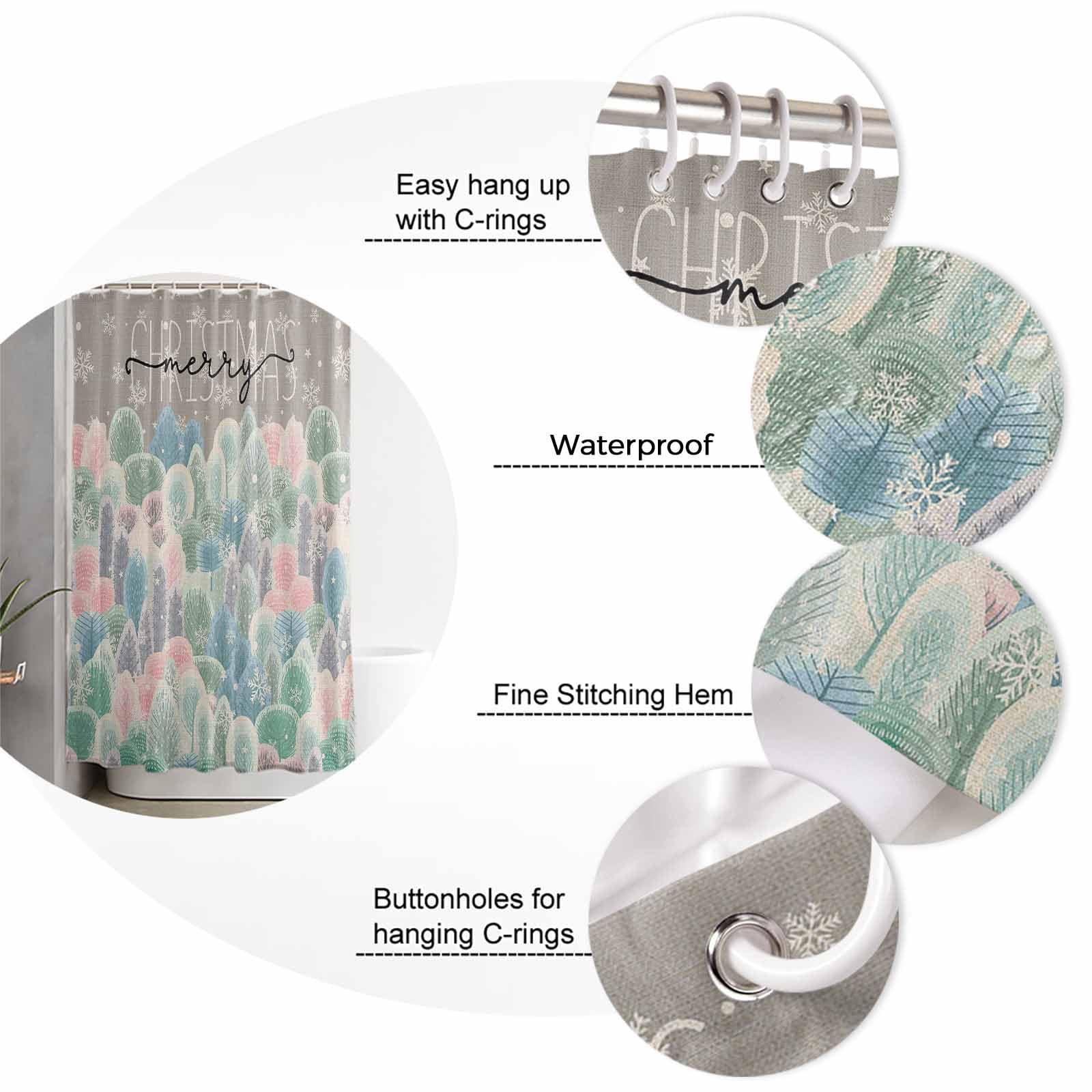 ZOE GARDEN Christmas Bathroom Set with Shower Curtain Rug Accessories,72x72 Inches Long Curtain with Large Bath Mat,Washable Floor Runner Rug Set,Hooks Winter Forest Snowy Xmas Rainbow Tree Snowflakes