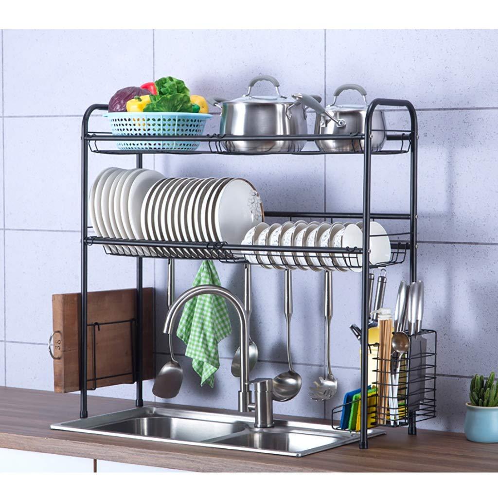 Generic 2 Tier Black 304 Stainless Steel Dish Drainer Rack, Kitchen Over The Sink Drain Rack, Space-Saving (74*28*82cm )