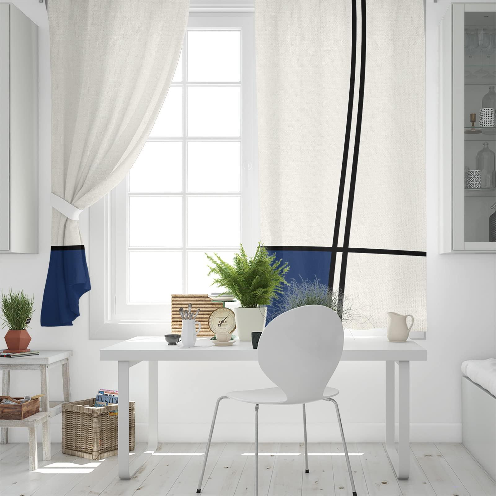 Tersuger Blackout Curtains 90 inches Long 2 Panels Set, Abstract Gemoetric Art Navy Blue Color Block Room Darkening Curtains Grommet Thermal Insulated Window Drapes for Living Room Bedroom Decor