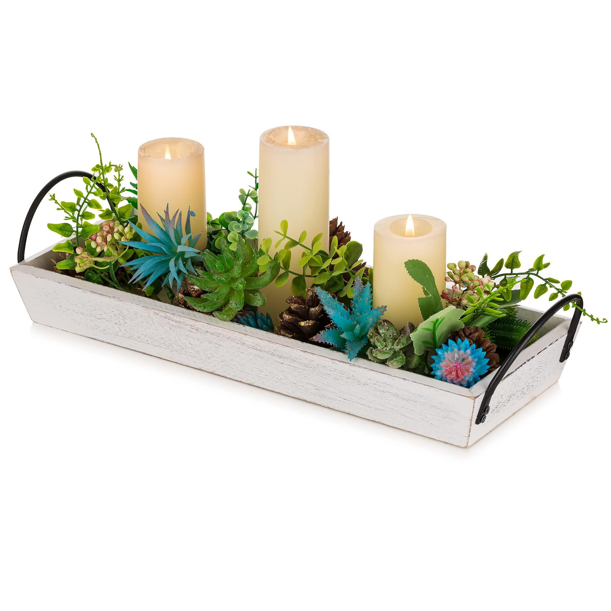 Hanobe Long Narrow Wood Candle Tray: Hanobe Rustic Wooden Candle Holders Rectangular Table Centerpieces for Dining Room Farmhouse Pillar Stand with Handle Rectangle Table Decor, Whitewashed