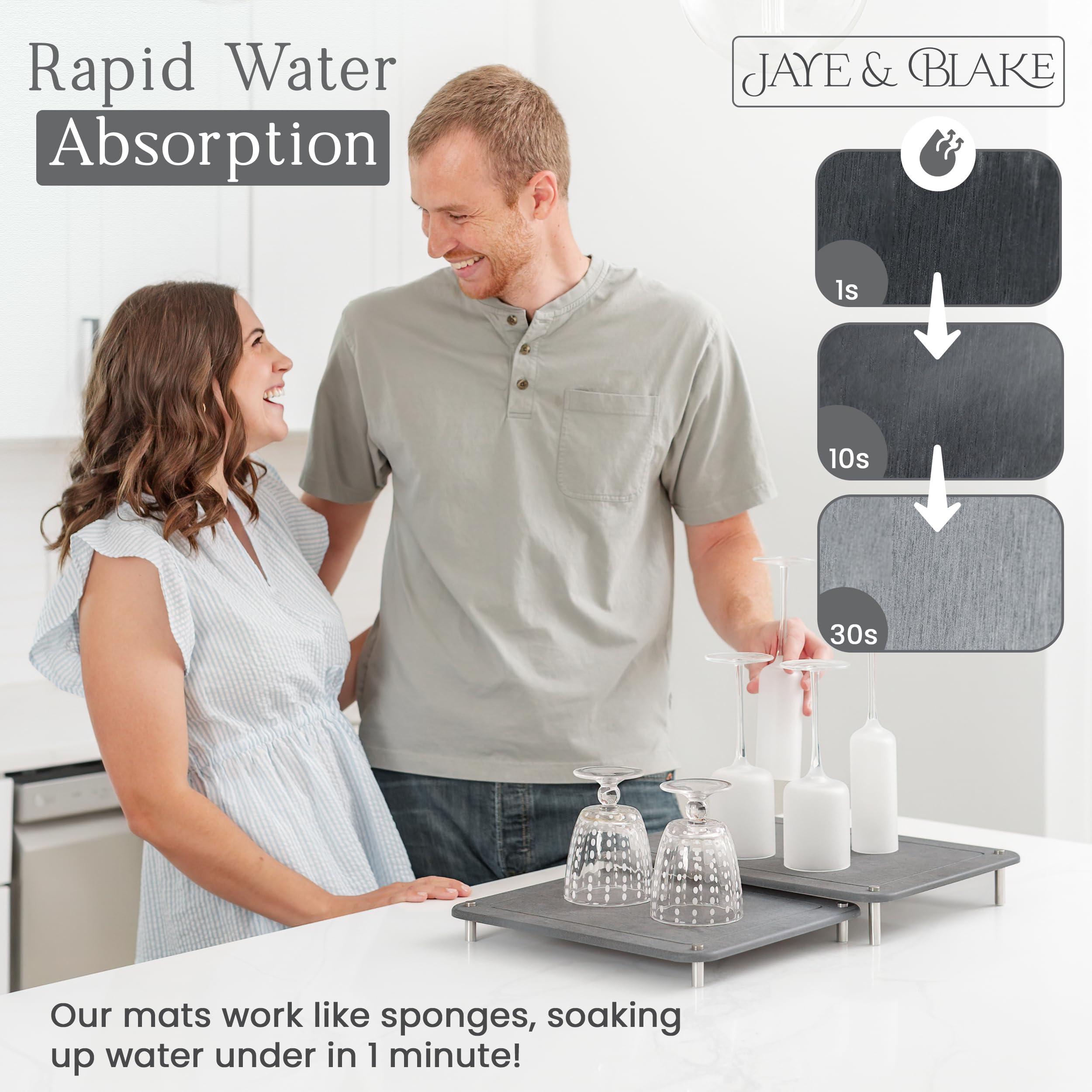 JAYE & BLAKE 2 PCs Nesting Stone Dish Drying Mats for Kitchen Counter - Absorbent Quick Drying Diatomaceous Earth Stone Drying Mat with Non-Slip Feet - Heat Resistant & Odorless Dish Drying Stone Mat - Gray Solid