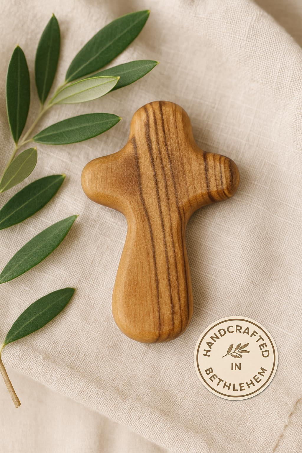 Zuluf Zuluf 100 Small Olive Wood Comfort Crosses from Bethlehem Israel | Pocket Holding Crosses | Comes With 100 Holy Land Certificates 6cm / 2.5 Inch Each Cross - CRS301