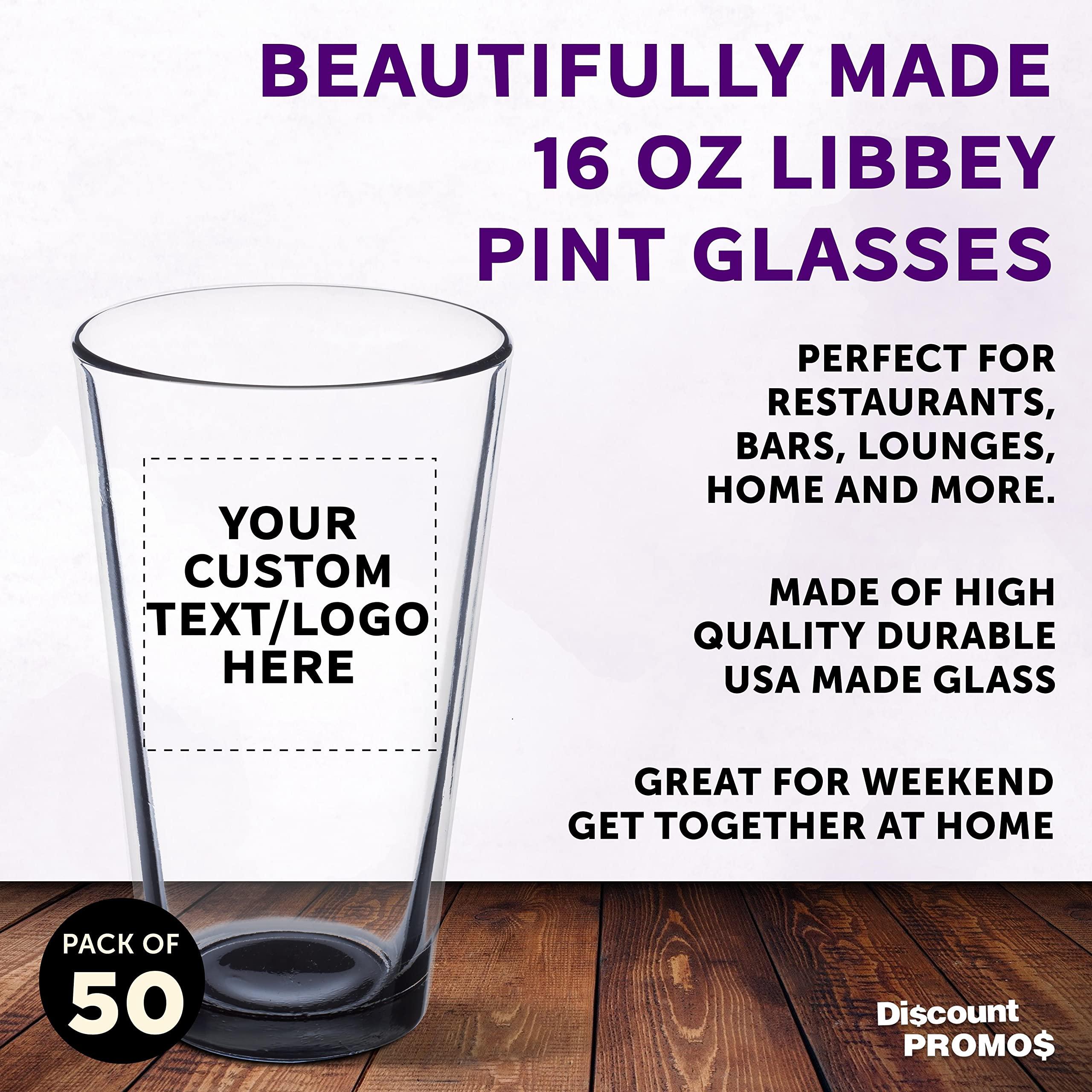DISCOUNT PROMOS Custom Libbey Pint Glass 16 oz. Set of 50, Personalized Bulk Pack - Beer Glasses, Heavy Duty Drinkware - Black