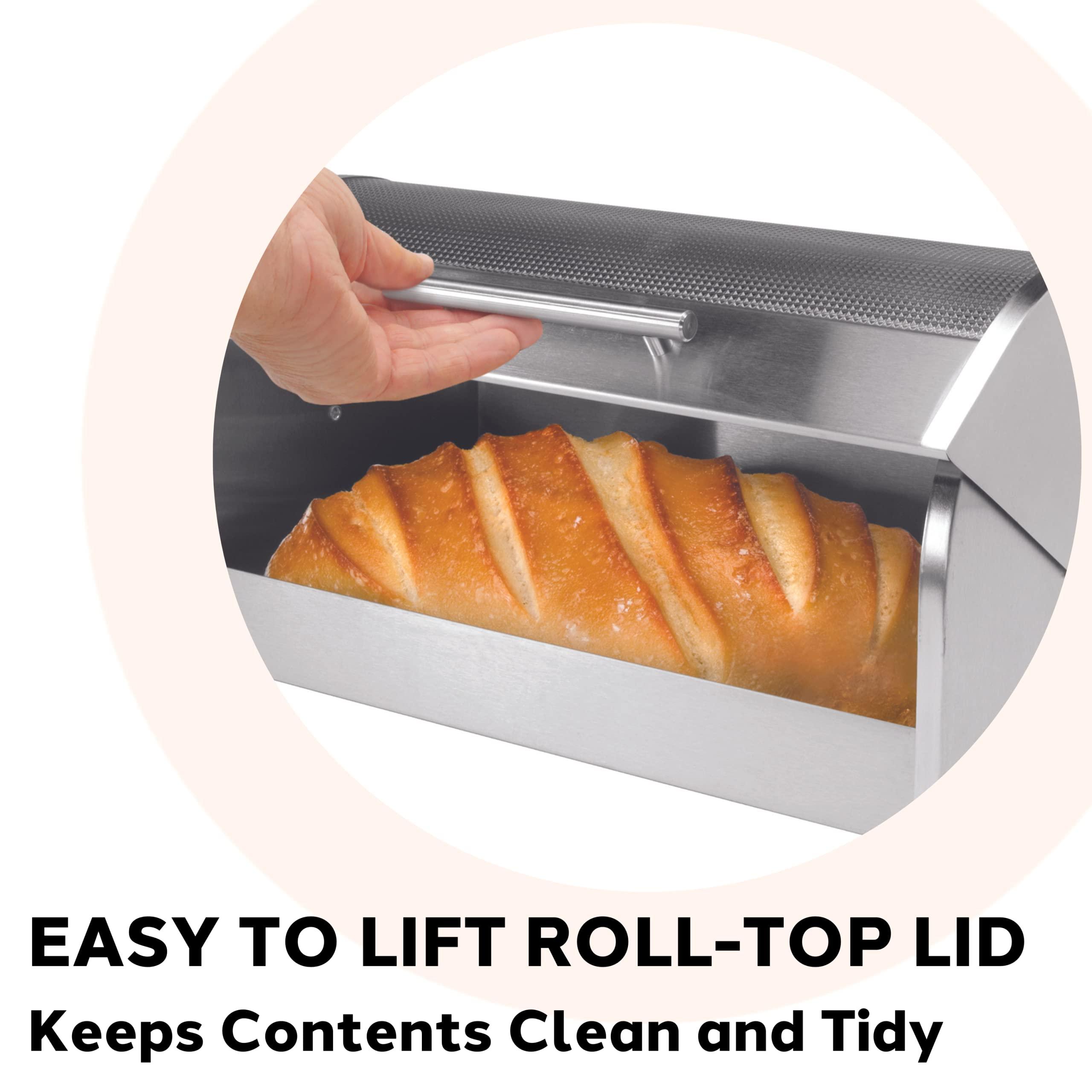 Oggi Oggi Stainless Steel Roll Top Bread Box for Kitchen Countertop with Tempered Glass Lid - Fits Multiple Large Loaves of Bread and Other Freshly Baked Goods Including Cookies, Bagels, Muffins