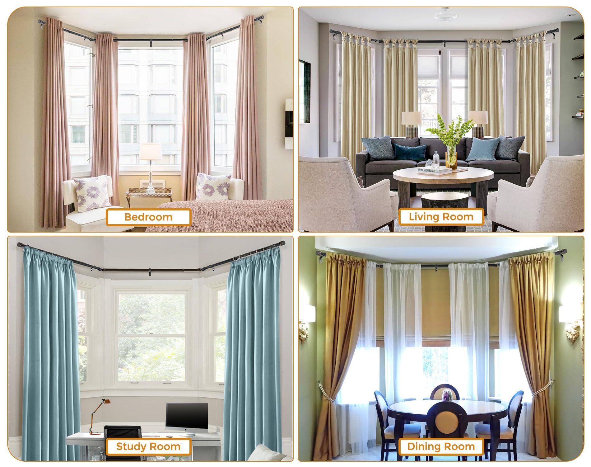 HOTOZON Bay Window Curtain Rods, HOTOZON 7/8 Inch Heavy Duty Curtain Rods for Bay Windows 48-84 Inch(Center Rod), 32-58 Inch Side Rods for Windows, Black, Decorative Drapery Rods with End Cap Finials