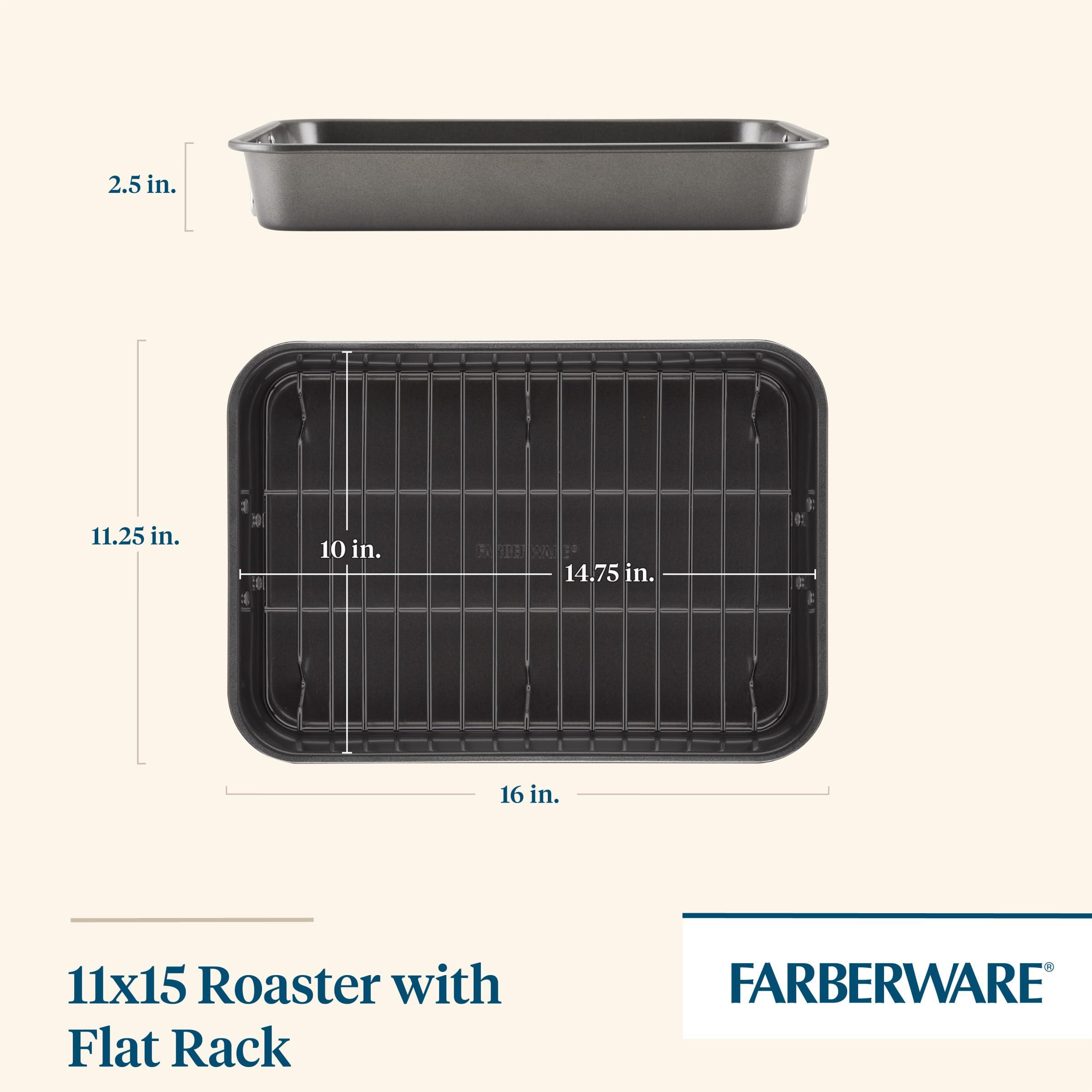 Farberware Farberware Bakeware Nonstick Steel Roaster with Flat Rack, 11-Inch x 15-Inch, Gray