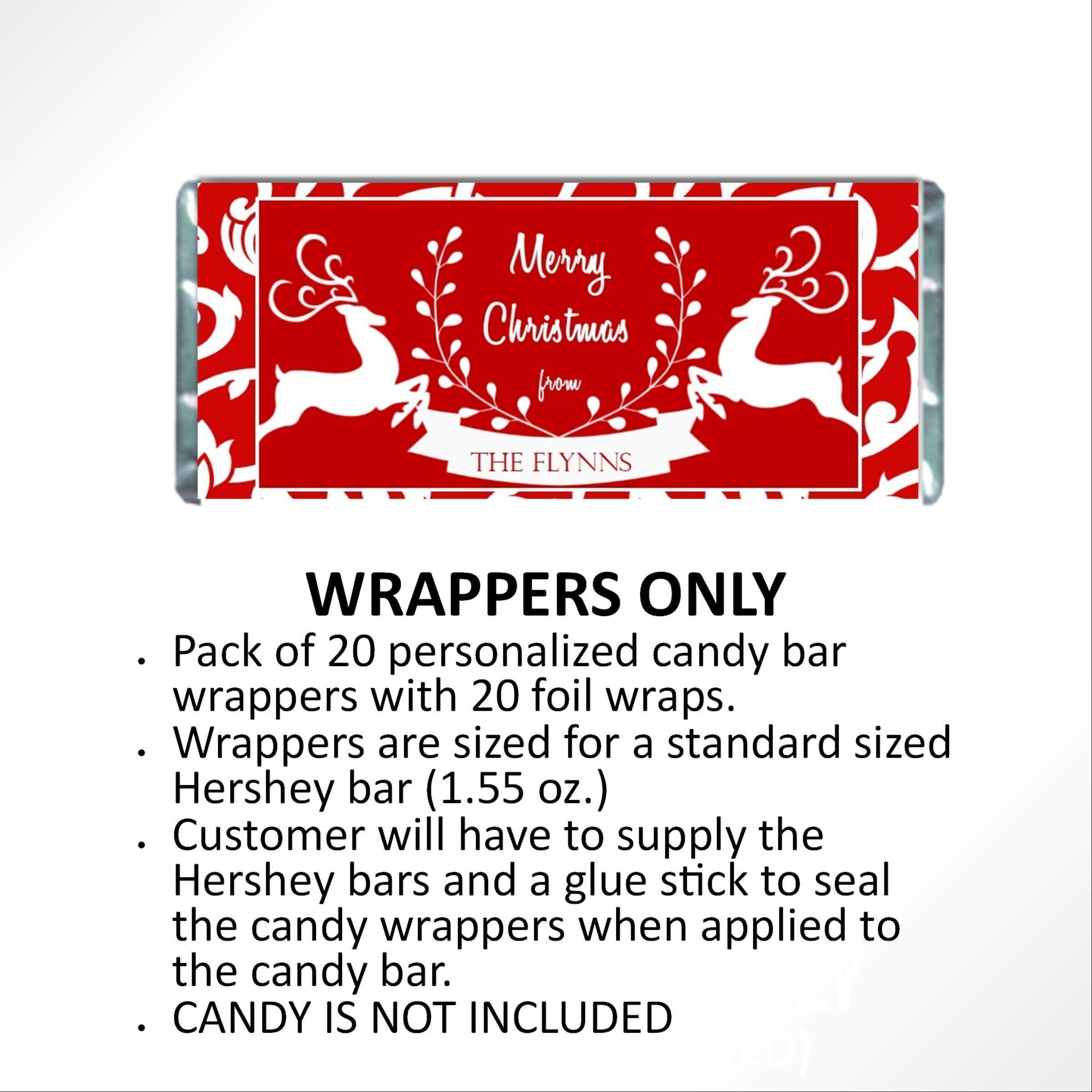 Cathy Wraps Personalized Christmas Candy Wrappers for Chocolate, Reindeer Design, Holiday Party Favors, Pack of 20 Custom Hershey Bar Labels