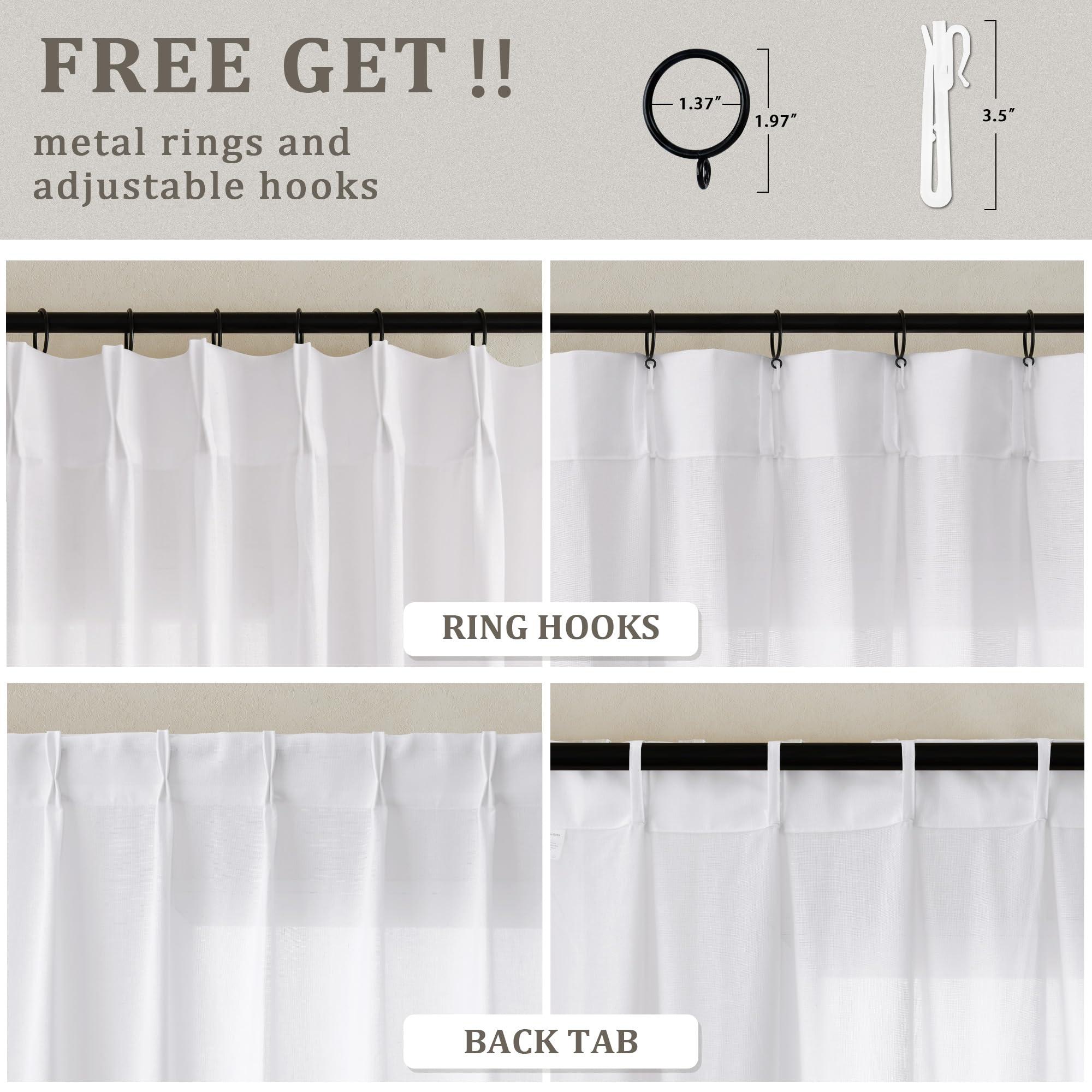 DUKIYO White Linen 100 Inch Wide Curtains 90 Inches Long for Living Room Divider Light Filtering Semi Sheer Modern Farmhouse Pleated Curtain with Hooks Rings for Patio Sliding Door Dining Room Large Window