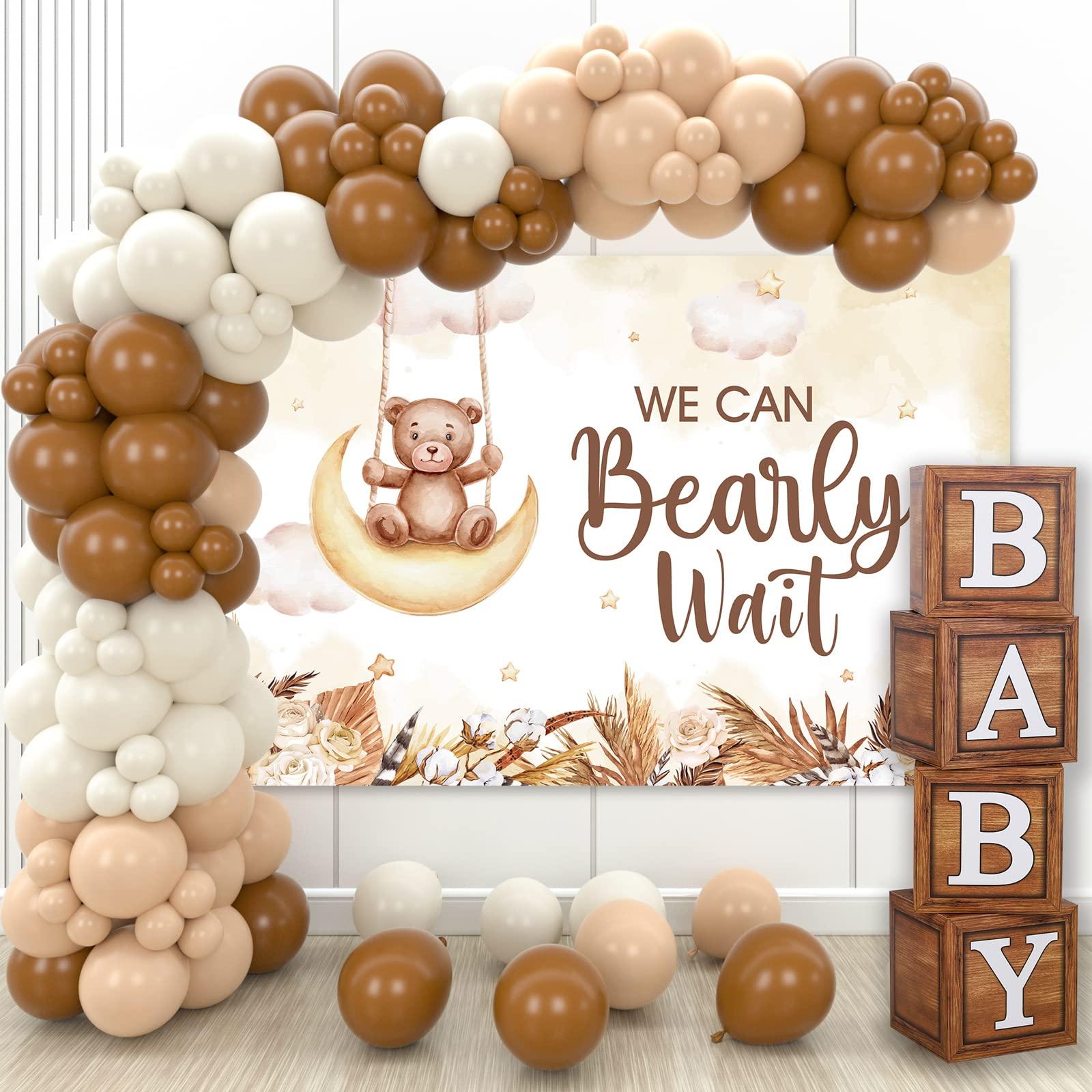 DataMoon DataMoon Teddy Bear Baby Shower Party Decorations - Wood Grain Boxes with Baby Letters, 90PCS Nude and Brown Balloons, Boho Backdrop We Can Bearly Wait for Baby Shower, Gender Reveal,Birthday Party