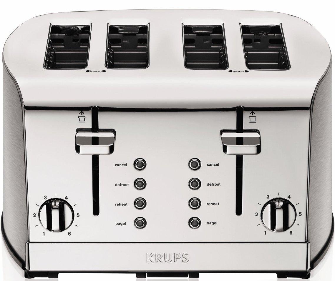 KRUPS Krups Breakfast Set Stainless Steel Toaster 4 Slice 1500 Watts 6 Brown Settings, Defrost, Reheat, High Lift Lever Silver, Matte and Chrome