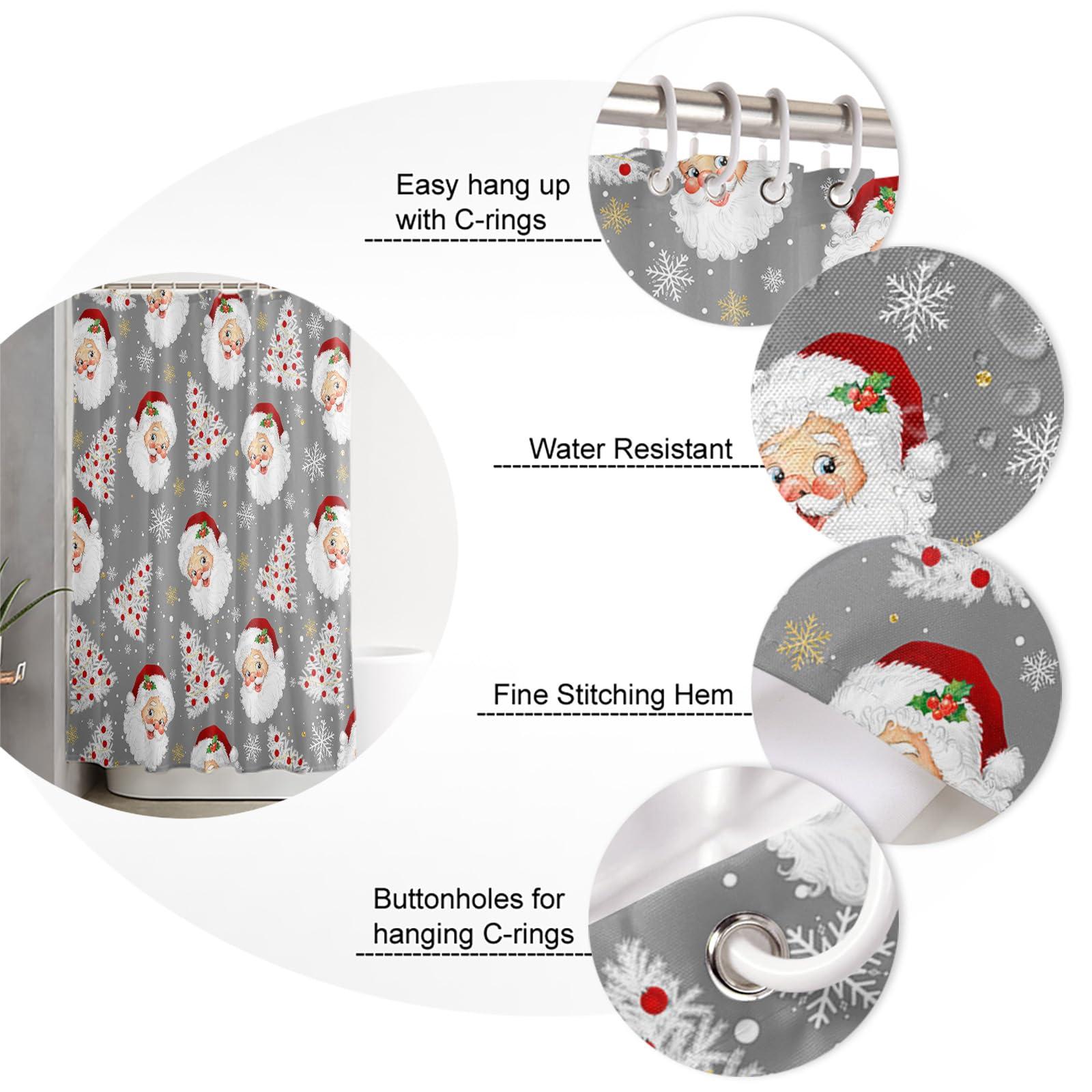Vandarllin Grey Christmas Shower Curtain, Santa Claus Merry Christmas Tree Shower Curtains Set with Hooks, Winter Snowflake Waterproof Fabric Bathroom Curtains Decor Home Accessories,72 X 84 Inch Extra Long