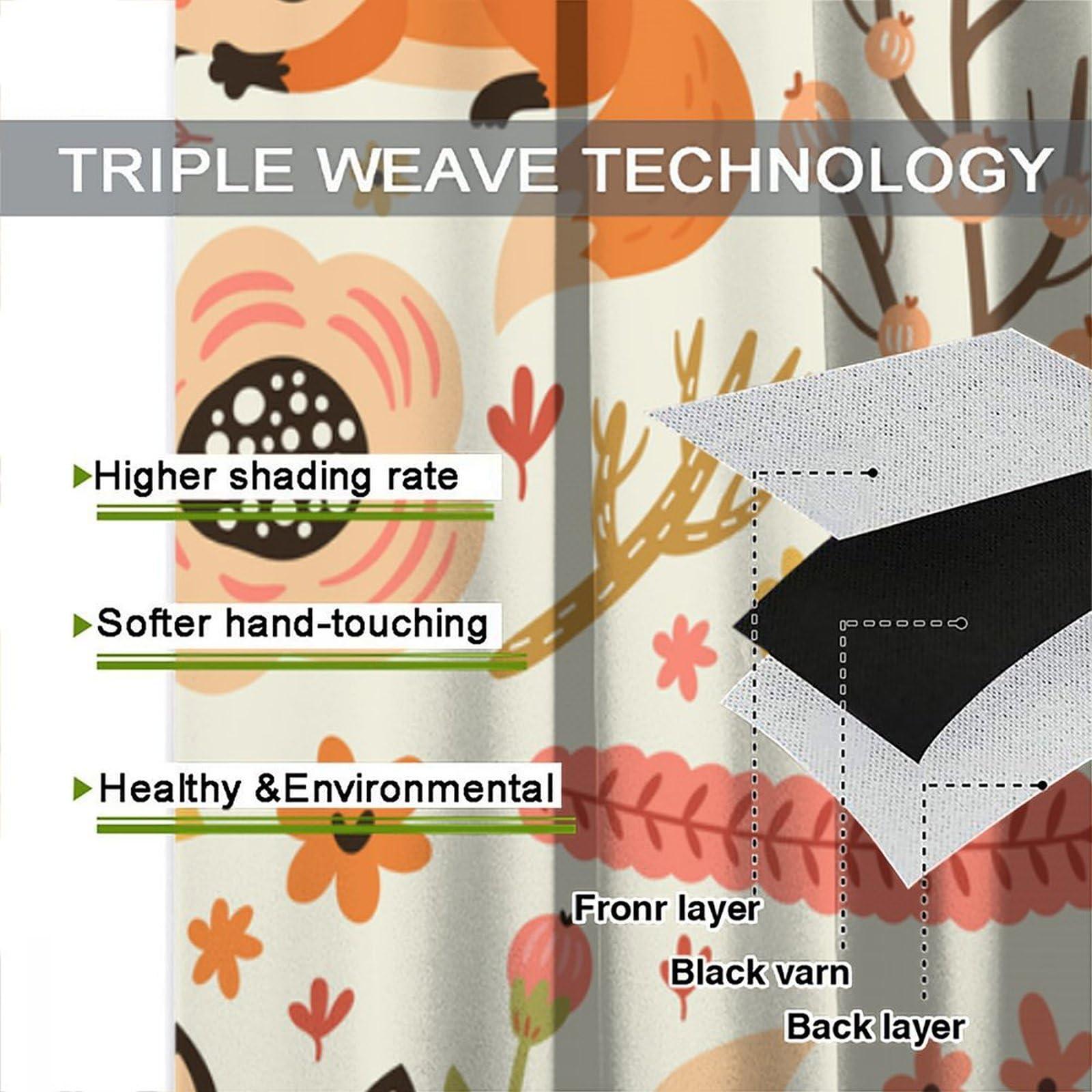 QLYYDS Cartoon Animal Curtains Autumn Forest Flowers Fox Bird Print Pattern Window Drapes for Nursery Baby Bedroom Playroom Fabric 2 Panel W42xL84in