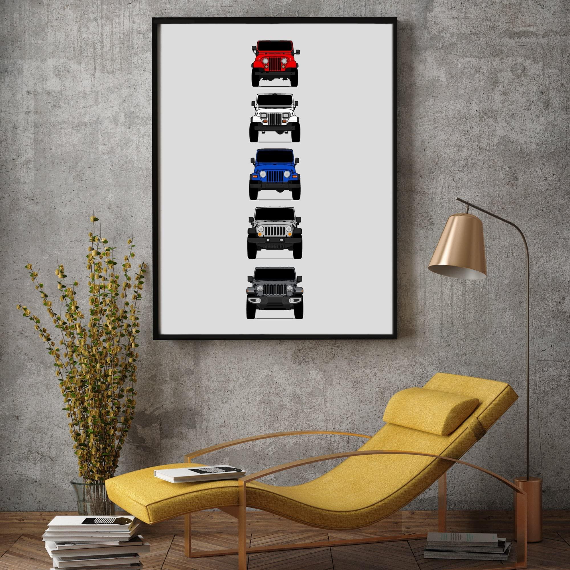 Custom Car Posters Custom Car Posters History of Jeep Wrangler Generations and Handmade Print of CJ, YJ, TJ, JK, JL - American, 11x14\" Satin Print (Unframed) - Gift for Car Enthusiast