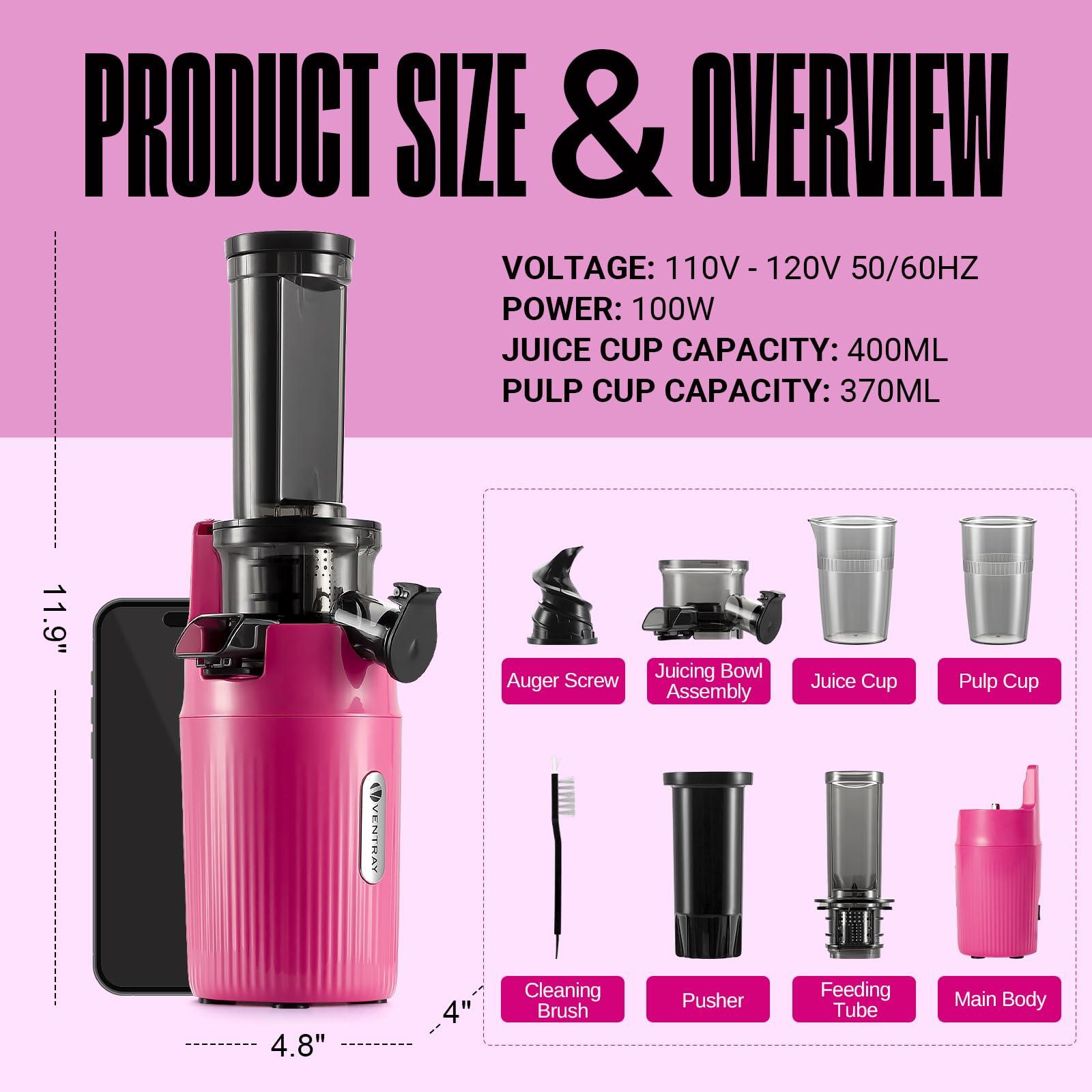 Ventray Ventray Ginnie Mini Cold Press Juicer, Small Slow Masticating Juicer for Vegetables Fruits, High Juice Yield, Easy to Clean, Space-Saving, Fit for Personal/Travel/Picnic/Office - Pink