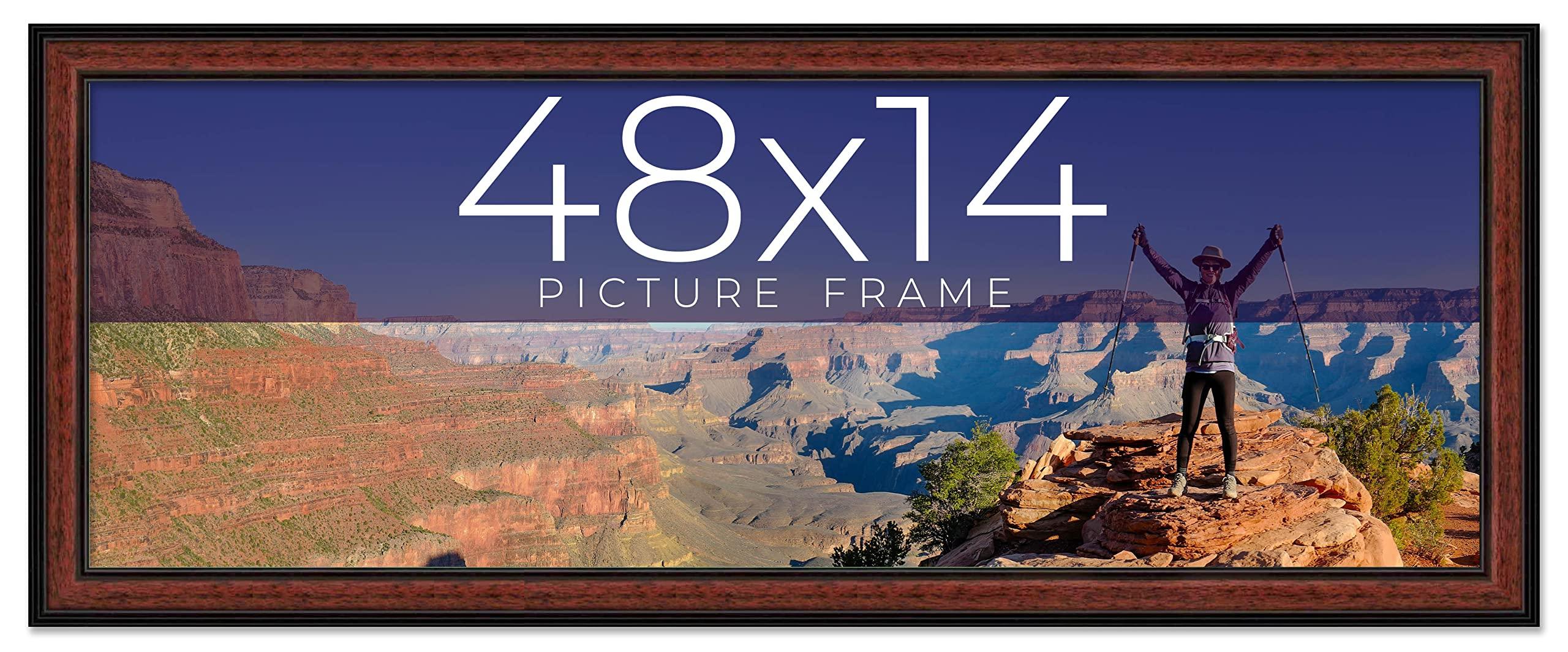 CustomPictureFrames.com 48x14 Frame Executive Brown Round Mahogany Finish Solid Wood Picture Frame | 1.25 Inch Moulding Width | Seeley Frame Complete with UV Acrylic Plexiglass, Foam Board Backing & Hanging Hardware