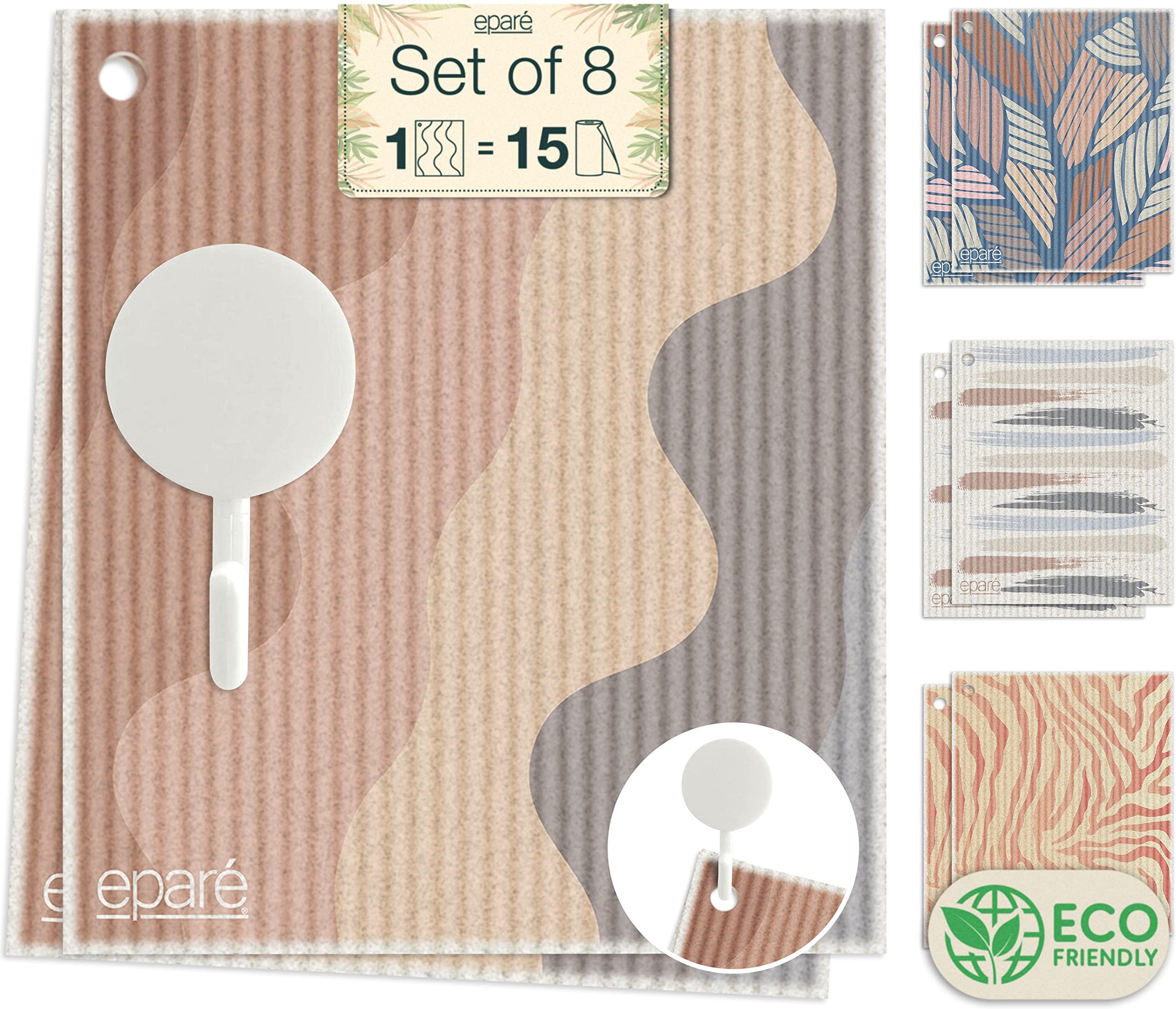 Epar Epar Swedish Dishcloths with Hook - 8 Pack Reusable Swedish Dish Cloths for Kitchen - Super Absorbent Cellulose Sponge Cloths - Non Scratch & Quick Dry Kitchen Towel for Washing Dishes & Counter Top