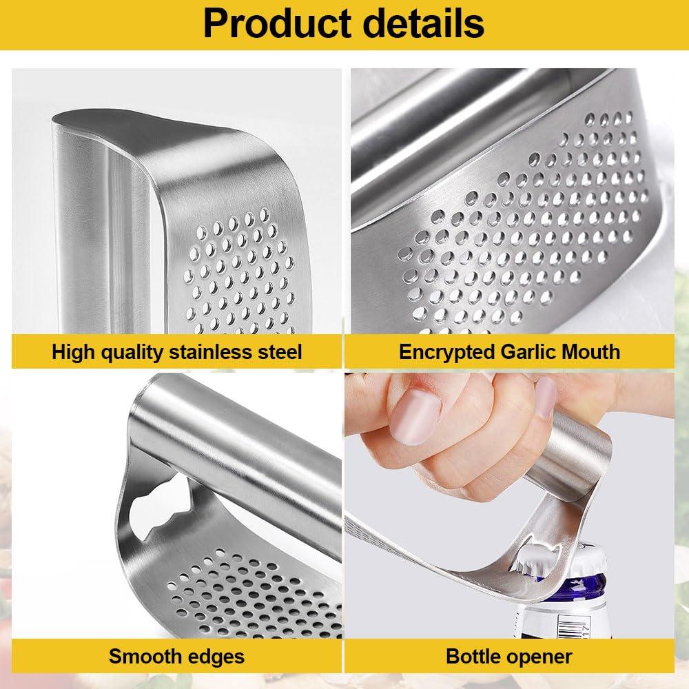 HOAIME Stainless Steel Garlic Press, 2024 Upgraded Garlic Press Rocker Garlic Crusher, Multifunctional Garlic Chopper with Peeler and Cleaning Brush Kitchen Gadgets (D)
