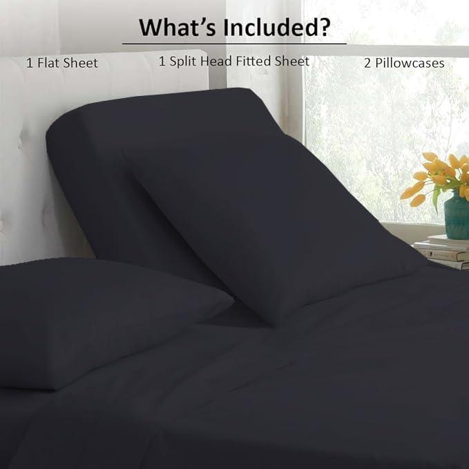 OnlineBestDeal\'s Split Top Queen (Adjustable, Flex Top Queen Size) 100% Egyptian Cotton 800 Thread Count 4Pcs Sheets for Sleep Number Bed, 15\" Inch Deep Pocket - Split Down 34 inches from The top - Black Solid