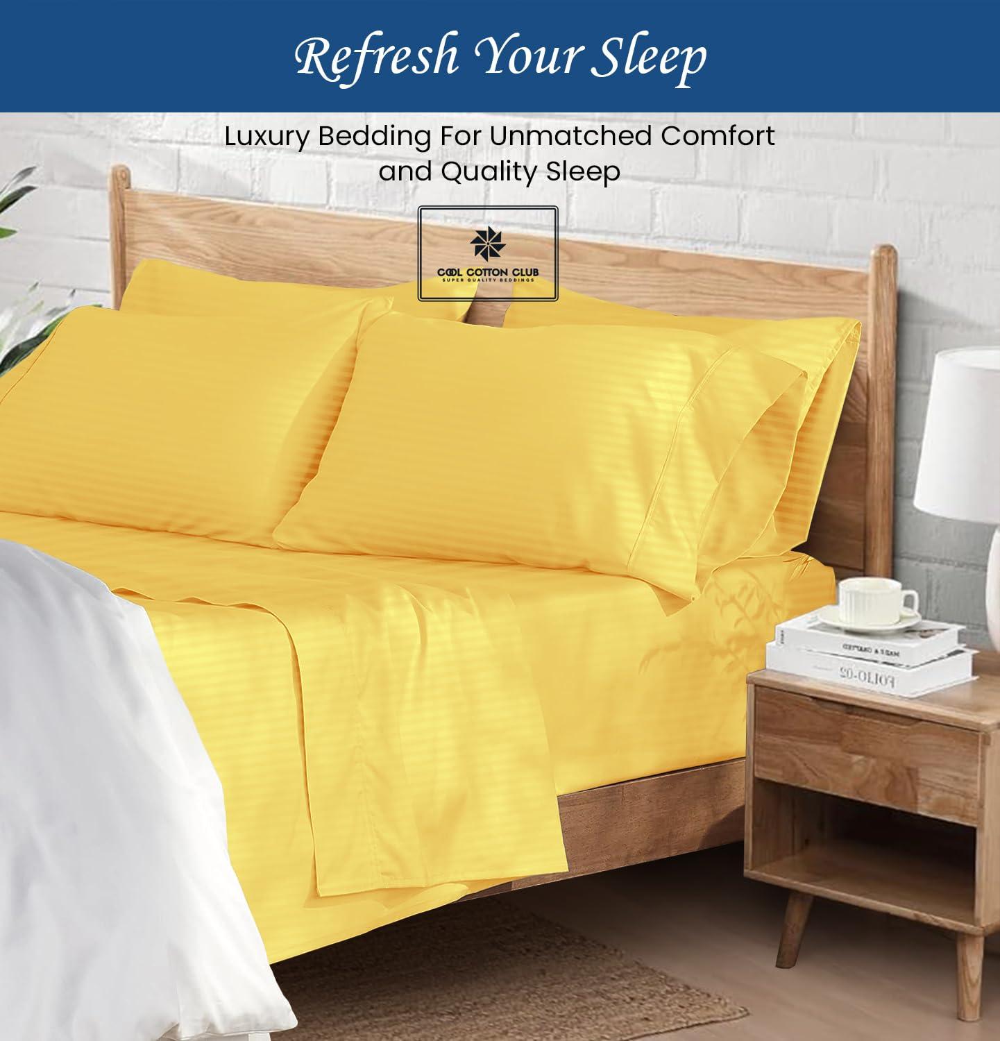 Cool Cotton Club Supima ELS Cotton Sheets, Queen Sheet Set Real 400 Thread Count Luxury 4 PC Bedding Set, Hotel Quality Sateen Weave, fits up to 7-9\" Elasticized Deep Pocket (Stripe, Gold)