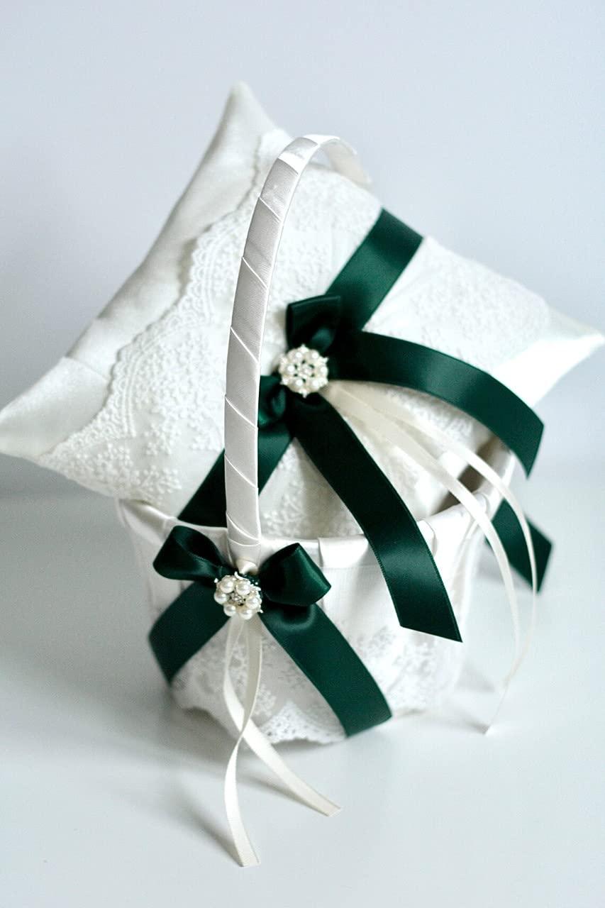 Alex Emotions Flower Girl Basket Hunter Green, Ring Bearer Pillow Ivory and Lace Flower Basket, Wedding Ring Pillow Wedding, wedding flower girl baskets (Off-White, 1 Pillow + 1 Basket)