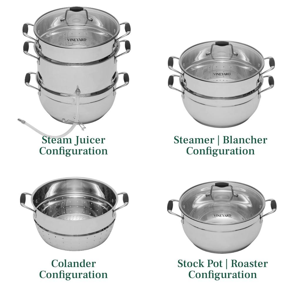 KITCHEN CROP VINEYARD Deluxe Stainless Steel Steam Juicer & Roaster Set - Induction Friendly, Tempered Glass Lid, Cool-Touch Handles, 8 Quart Capacity