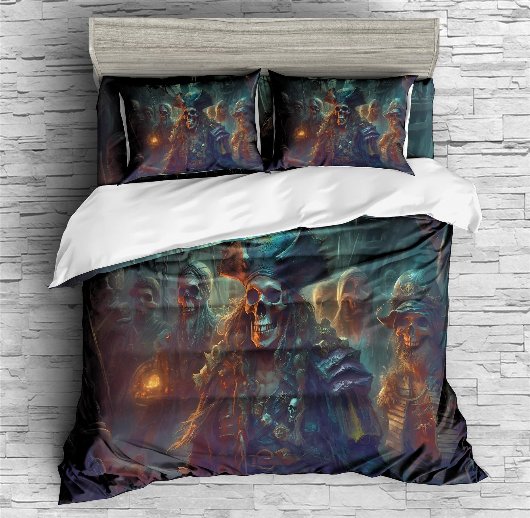 REALIN REALIN Frightening Human Skeleton Pirate Bedding Retro Nautical Pirate Duvet Cover Set Bed Sets 2/3/4PCS Quilt Covers/Sheets/Pillow Shams,Twin/Full/Queen/King (B,Full-200x229cm-4PCS)