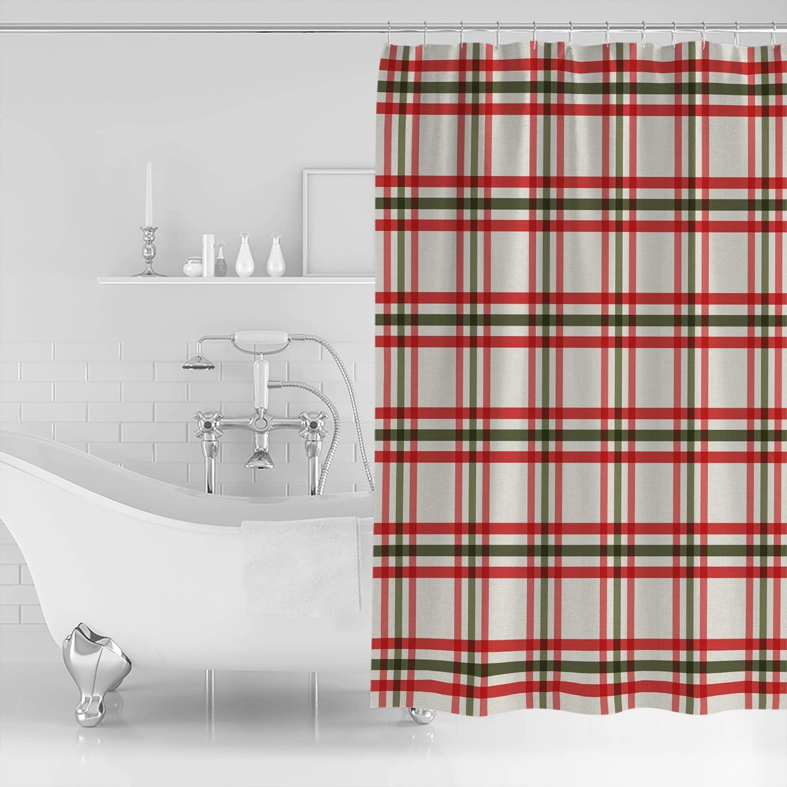 LEOKOTI LEOKOTI Merry Christmas Shower Curtain for Bathroom, Farmhouse Xmas Red Teal Plaid Striped Waterproof Fabric Bathtub Curtains for Bathroom with 12 Plastic Hooks, 48\" W x 72\" L