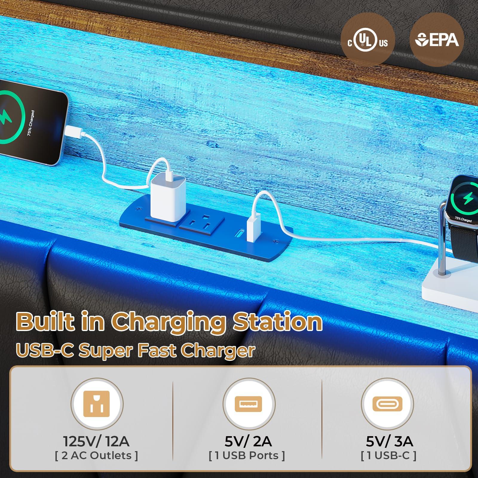 ADORNEVE ADORNEVE Full Size Bed Frame with LED Lights and Storage Headboard, LED Bed Frame with Outlets and USB Ports, Upholstered Platform Bed with Hidden Storage, Easy Assembly, PU Black